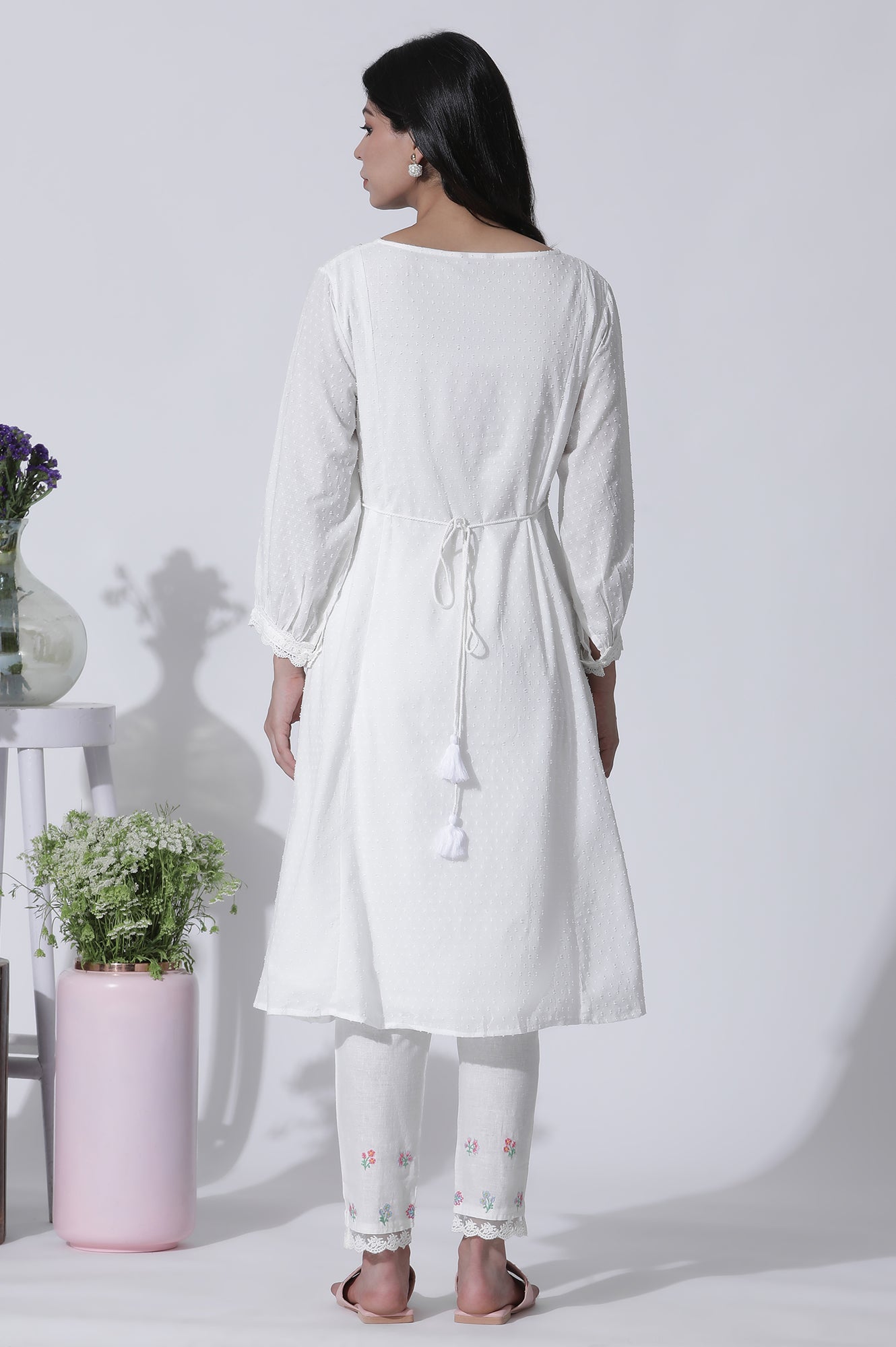 White Swiss Dot Embroidered Dress With Slim Pants Set