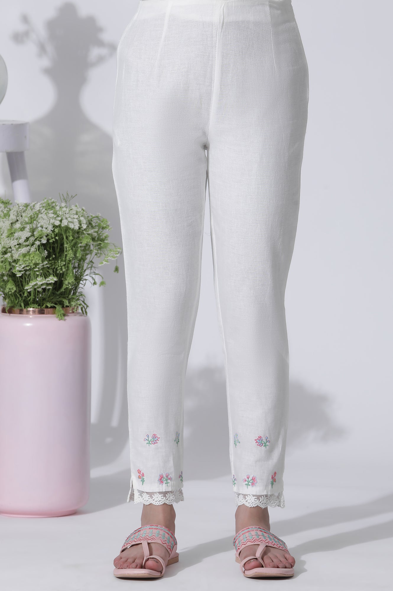 White Swiss Dot Embroidered Dress With Slim Pants Set