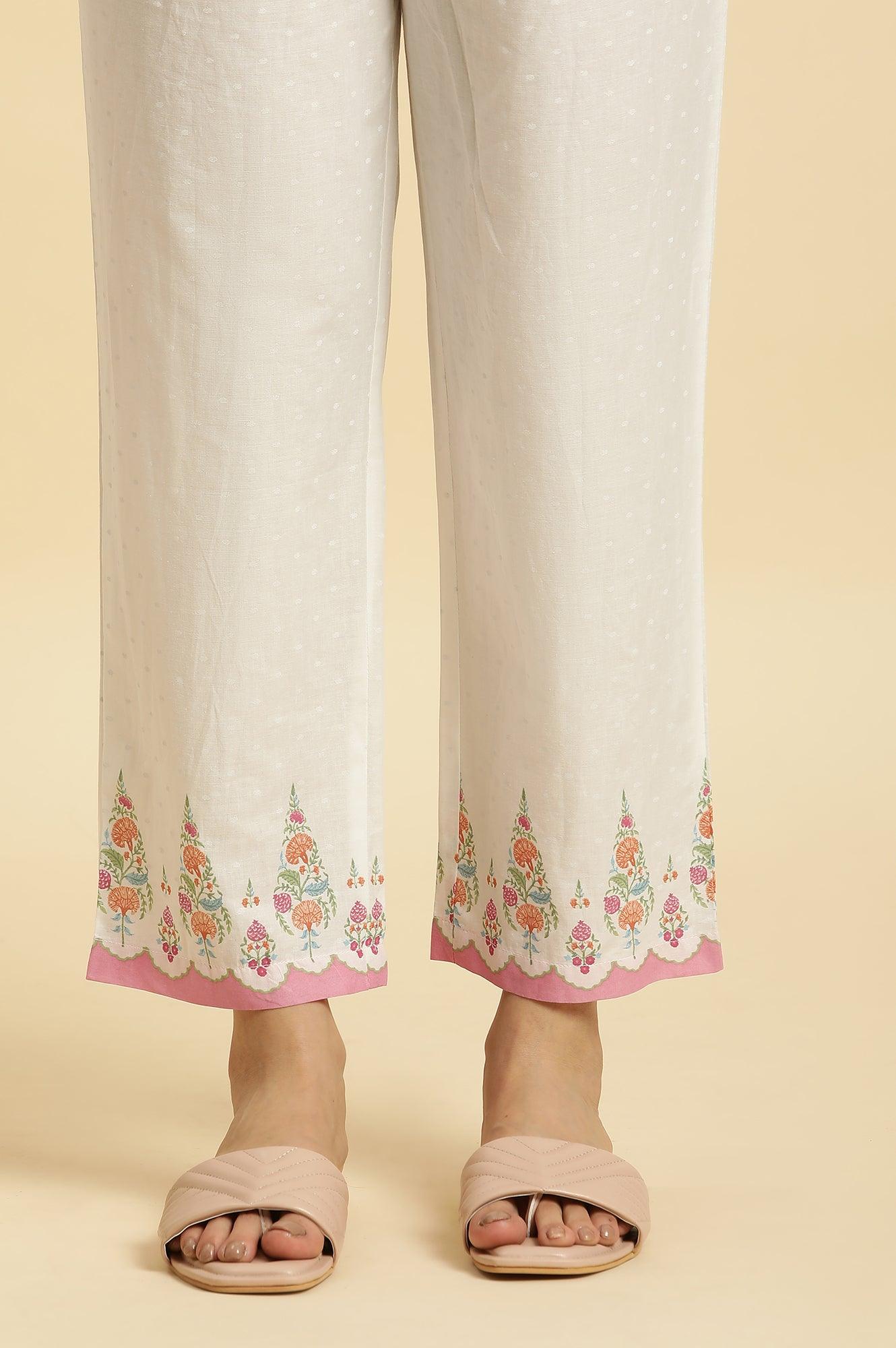 White Cotton Gathered Kurta In Multi-Coloured Print & Pants Set - wforwoman