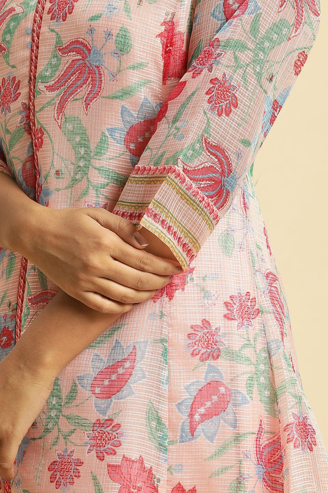 Pink Floral Motif Panelled Kurta And Pants Set - wforwoman