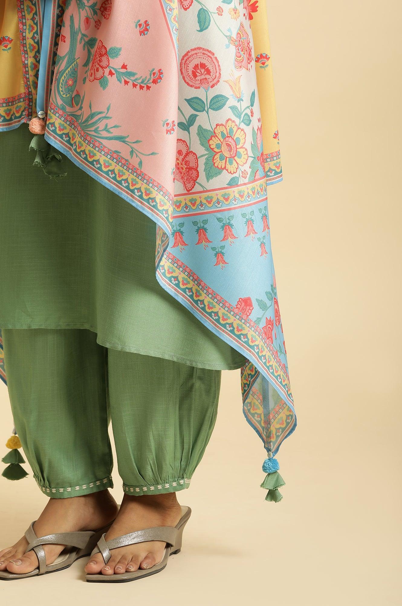 Green Solid Kurta, Printed Gilet And Gathered Pants Set - wforwoman