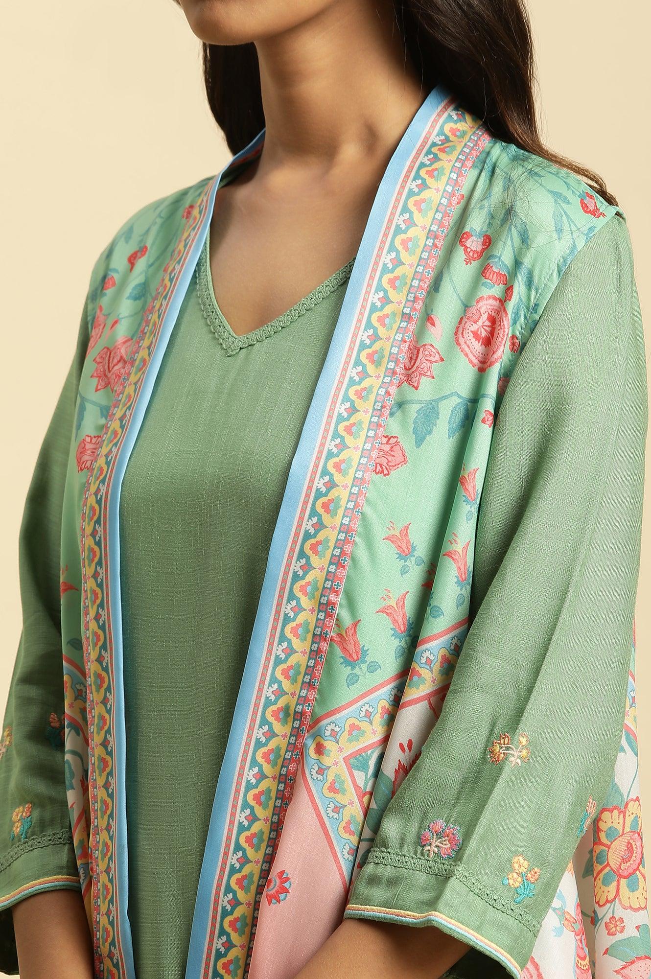 Green Solid Kurta, Printed Gilet And Gathered Pants Set - wforwoman