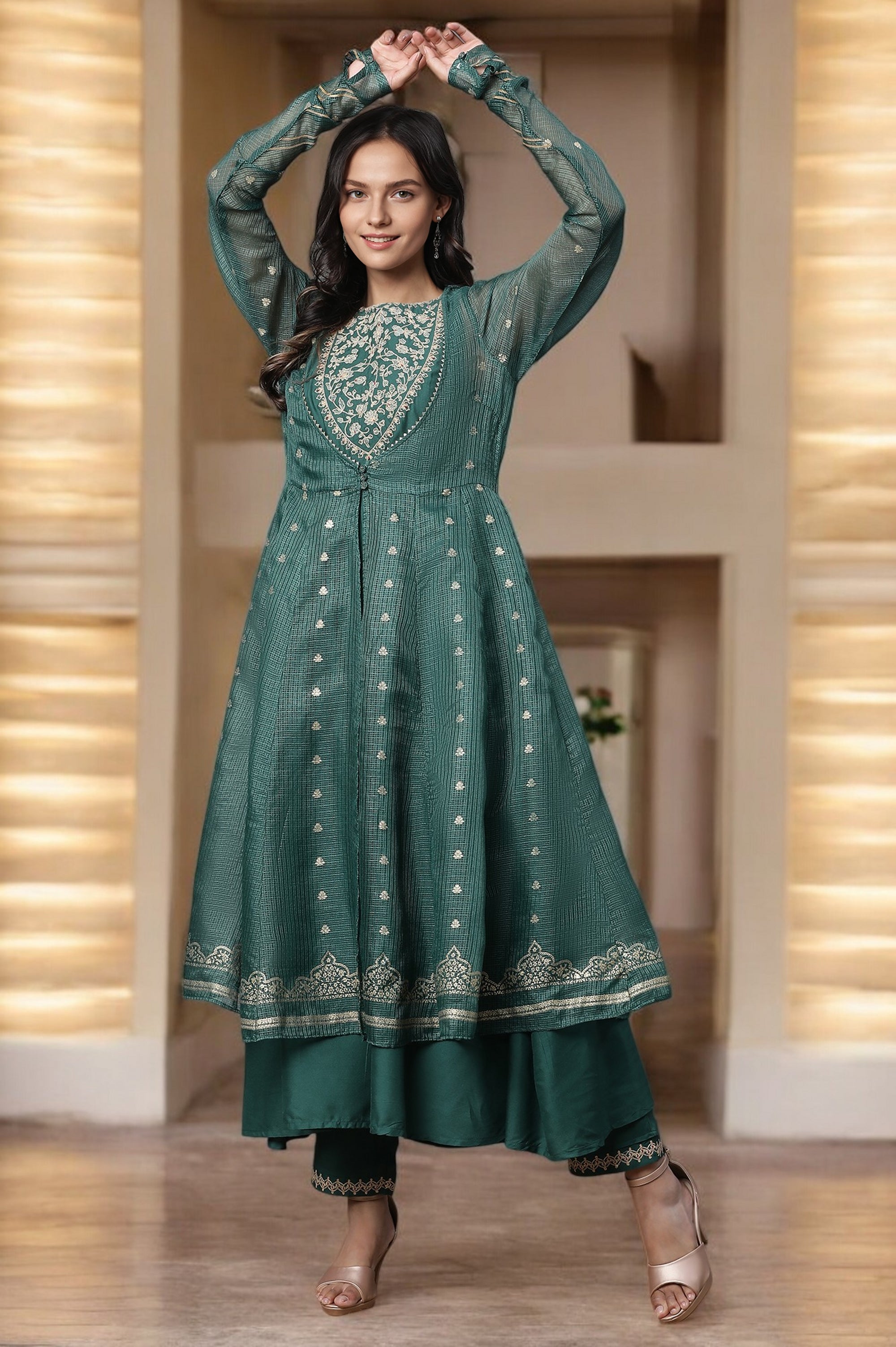 Green Layered Anarkali Kurta and Slim Pant Set