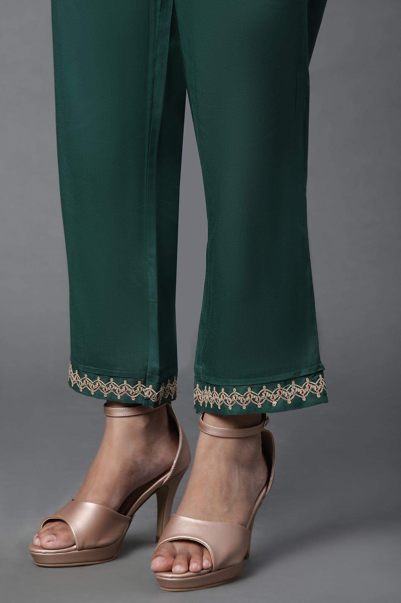Green Layered Anakali Kurta And Slim Pant Set - wforwoman