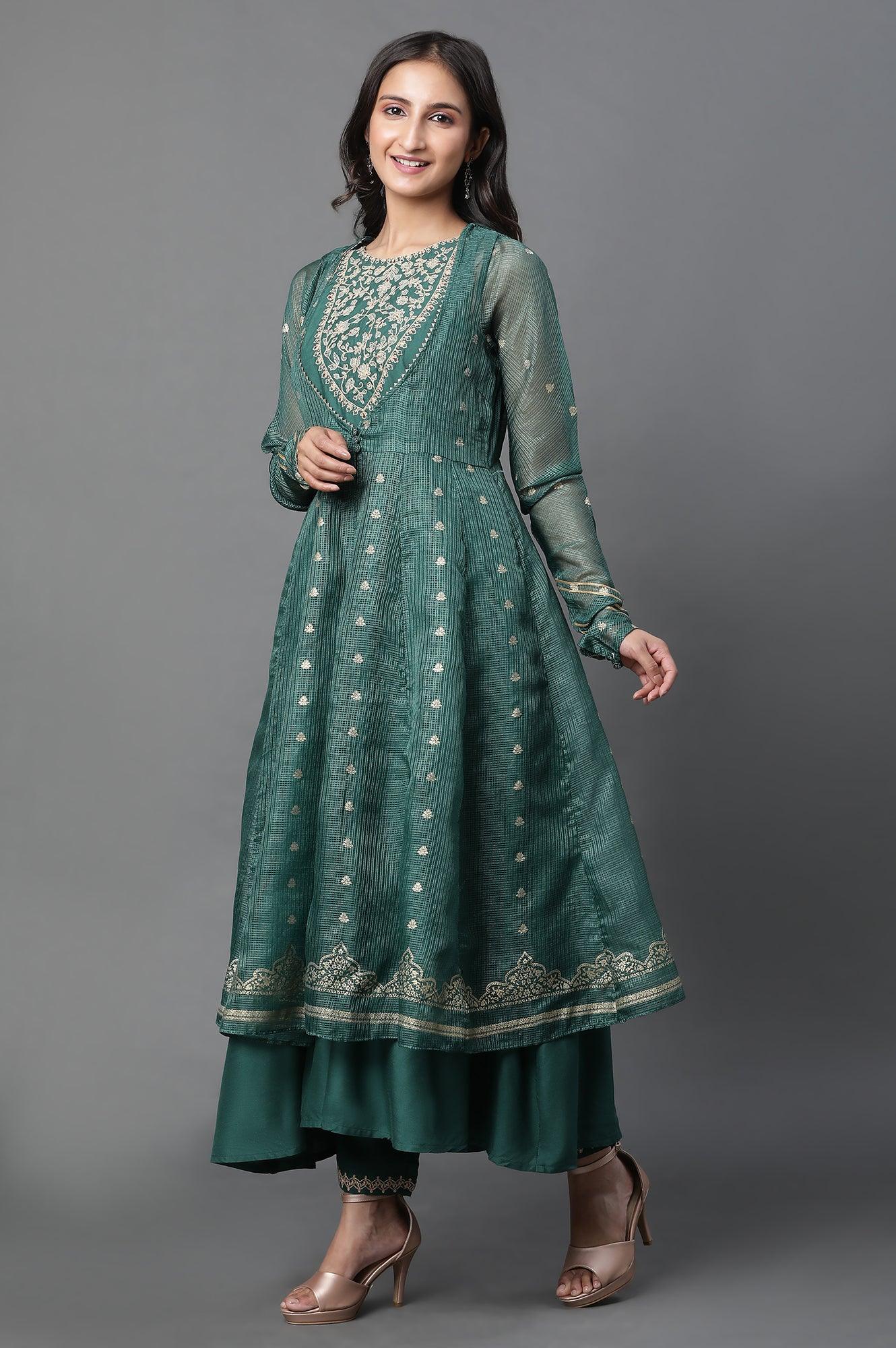 Green Layered Anakali Kurta And Slim Pant Set - wforwoman