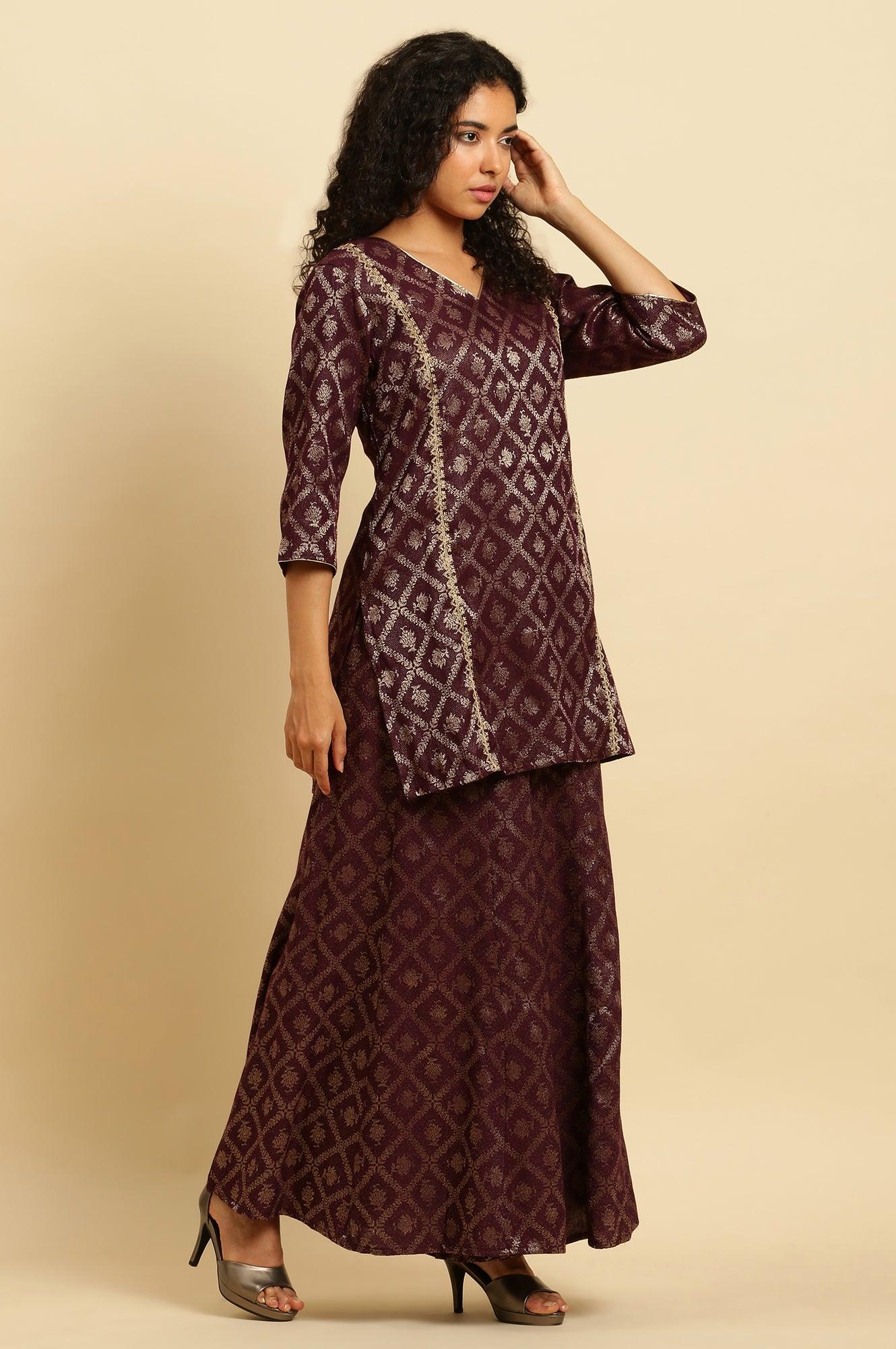 Purple Zari Embellished Short Kurta, Flared Pants And Dupatta Set - wforwoman