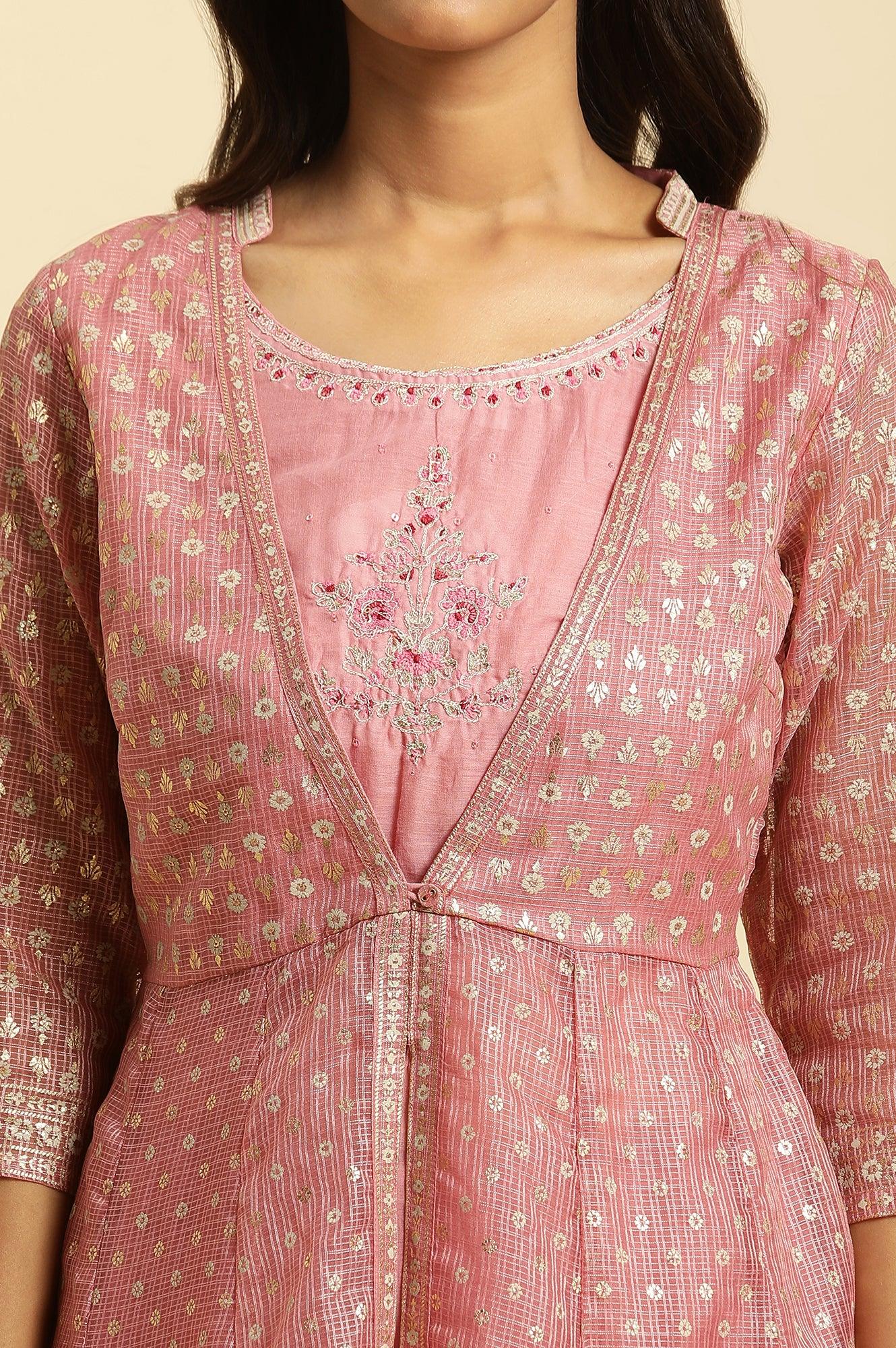 Pink Foil Printed Mock Layered Kurta And Tights Set - wforwoman