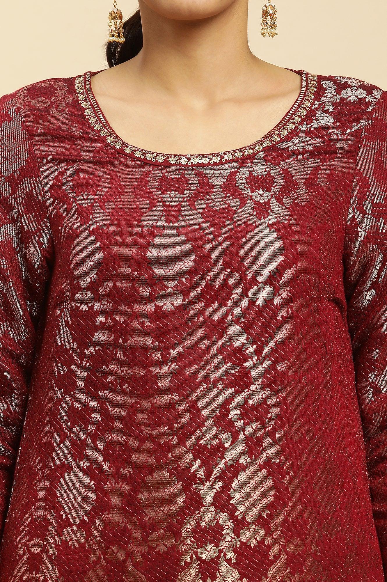 Maroon Rayon Jacquard Kurta And Pants Festive Set - wforwoman