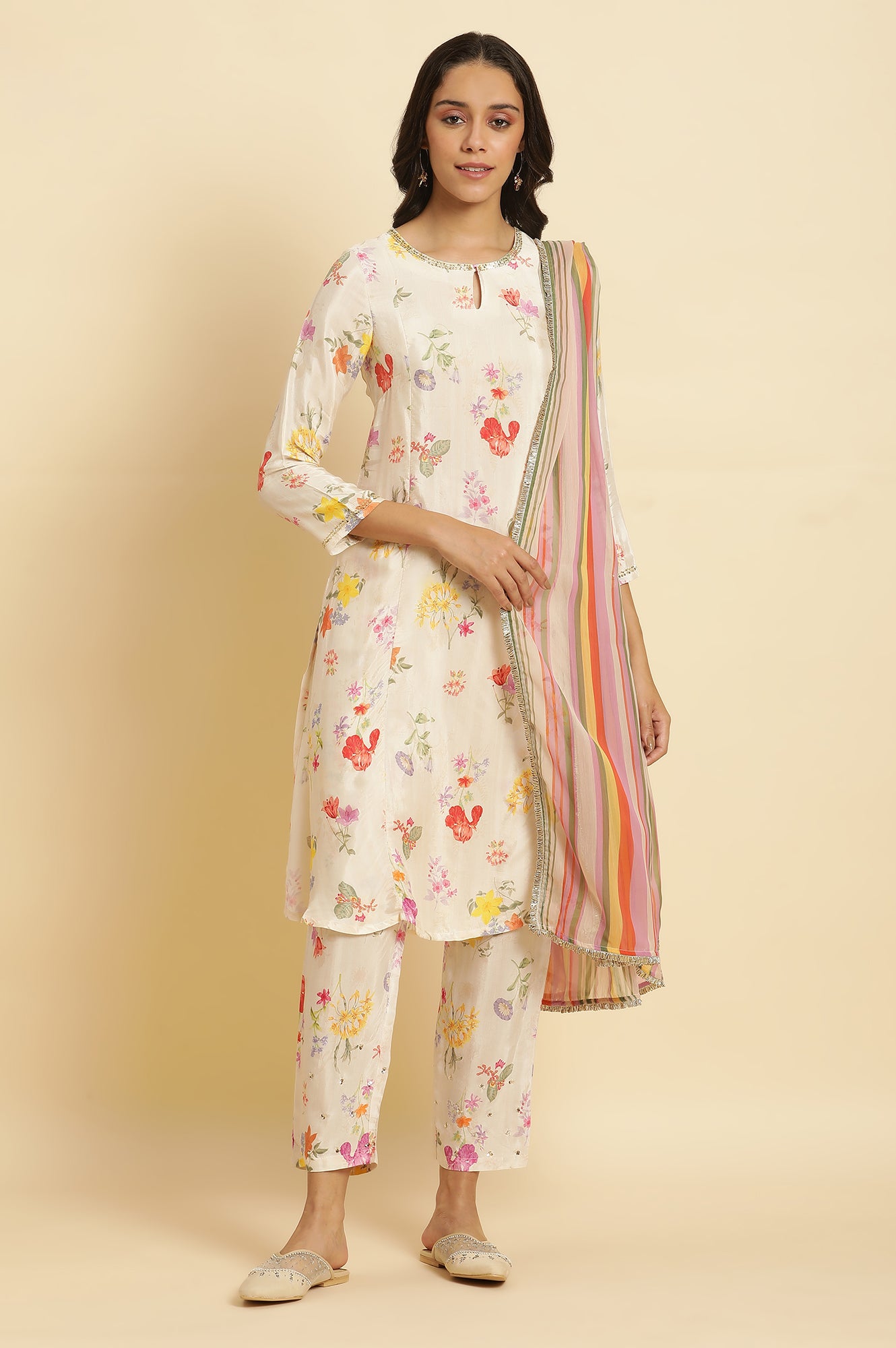 Cream Floral Printed Flared Kurta, Tights & Dupatta Set - wforwoman