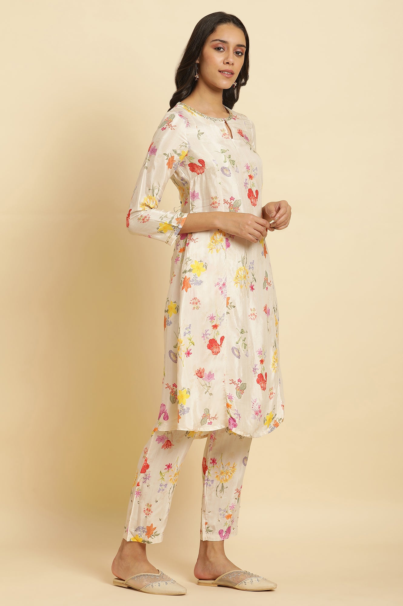 Cream Floral Printed Flared Kurta, Tights & Dupatta Set - wforwoman