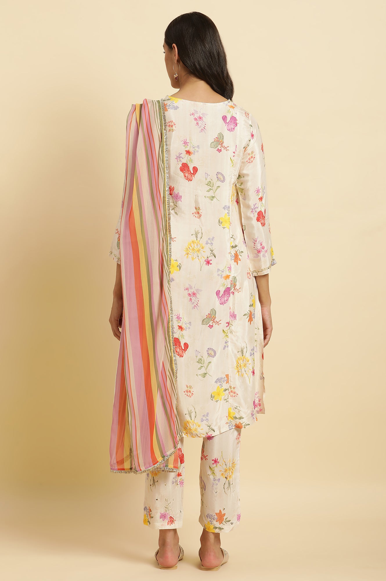 Cream Floral Printed Flared Kurta, Tights & Dupatta Set