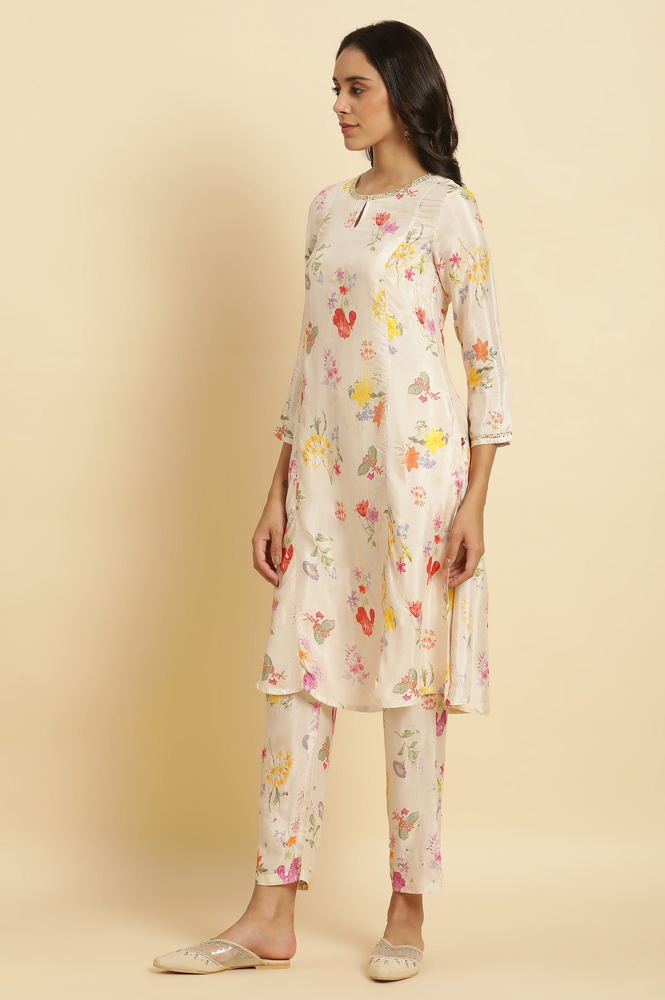 Cream Floral Printed Flared Kurta, Tights & Dupatta Set - wforwoman