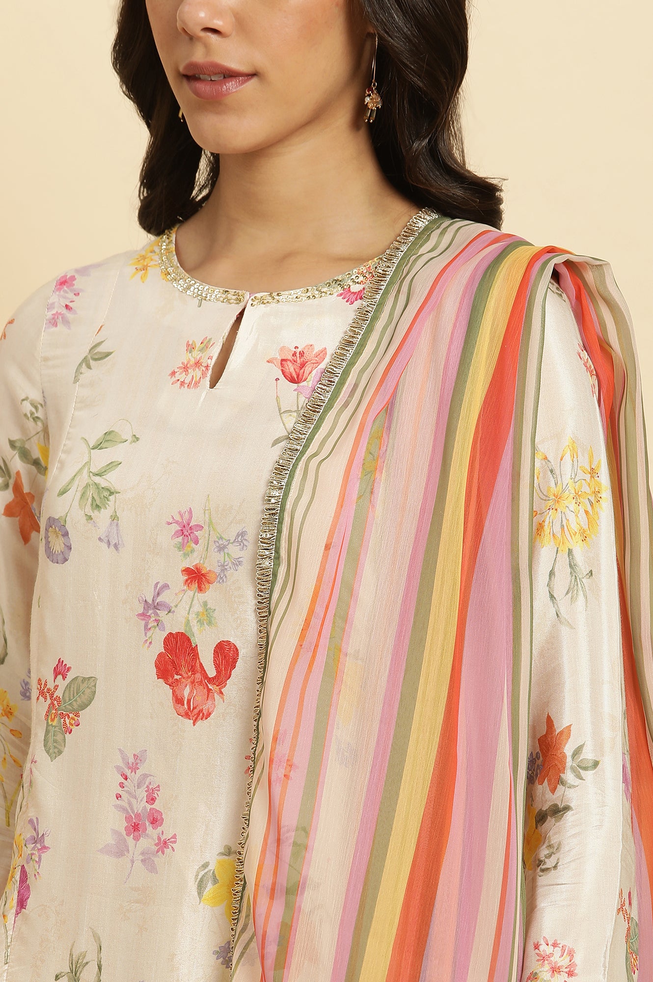 Cream Floral Printed Flared Kurta, Tights & Dupatta Set - wforwoman