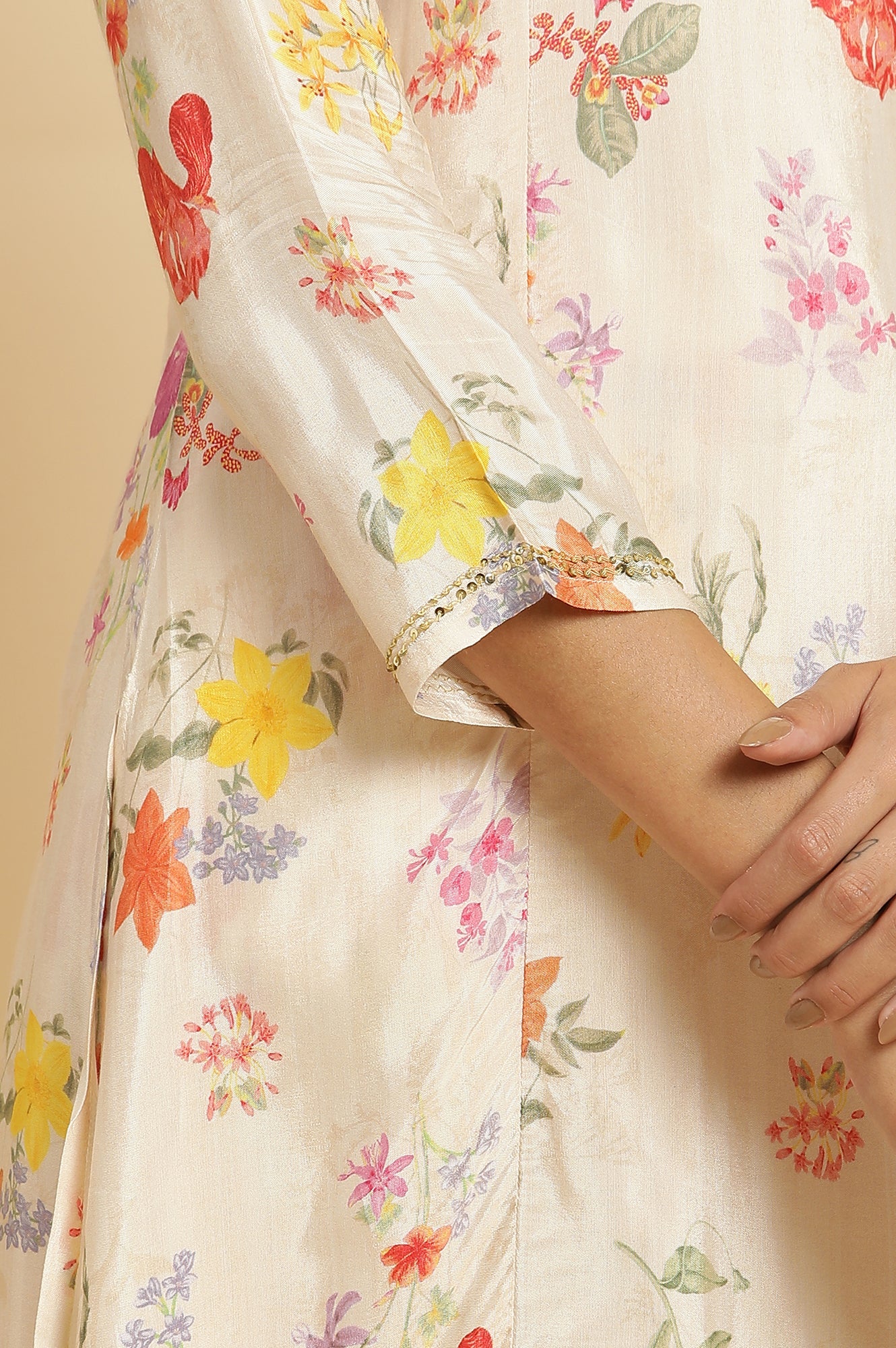 Cream Floral Printed Flared Kurta, Tights & Dupatta Set