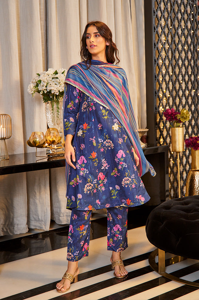 Navy Blue Floral Printed Pure Cotton Kurta, Pants with Dupatta Set