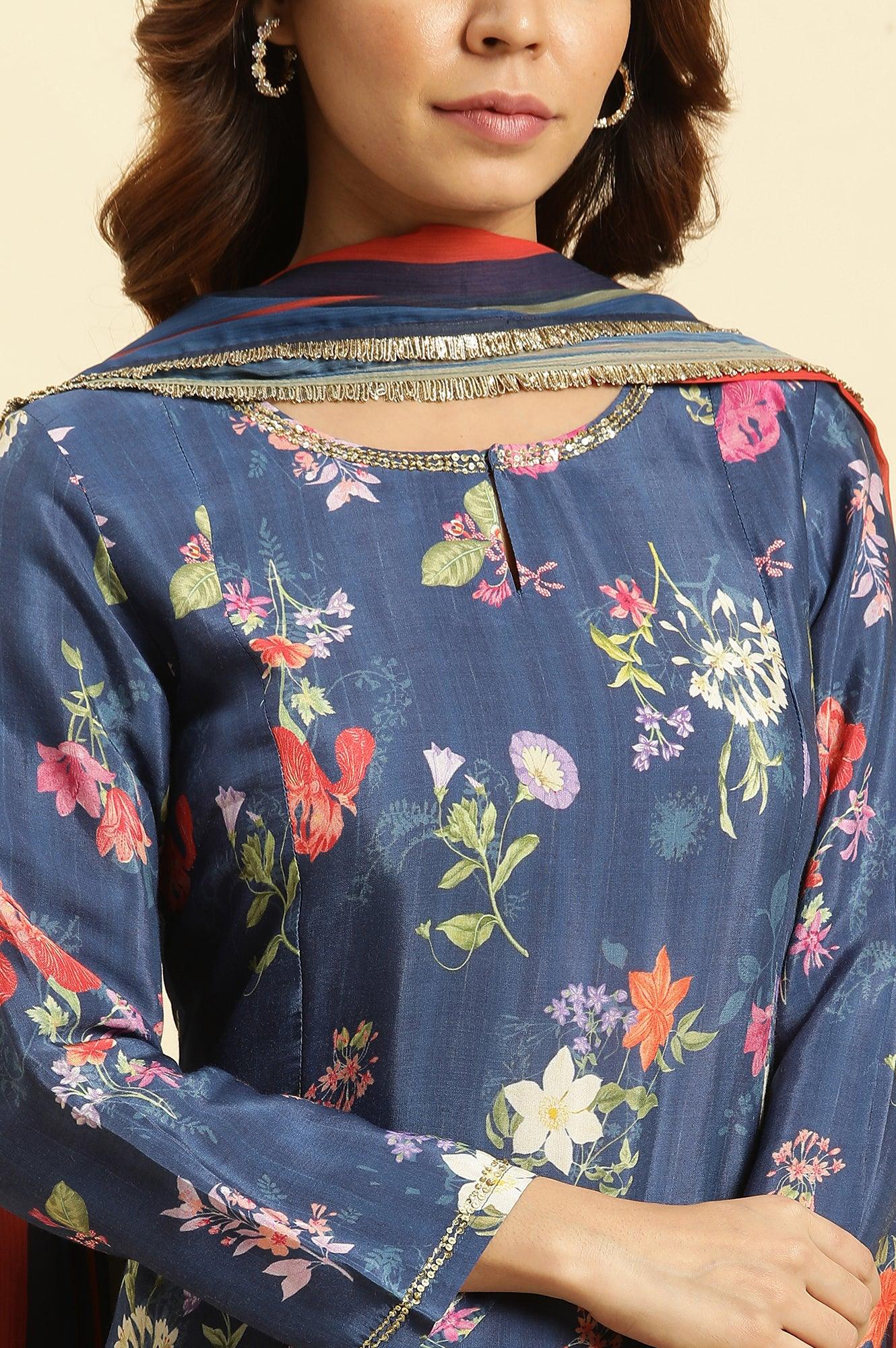 Navy Blue Floral Printed Kurta, Straight Pants And Dupatta Set - wforwoman