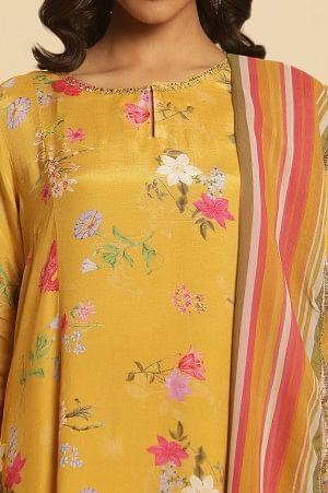Yellow Printed Embroidered Kurta, Pants And Dupatta Set - wforwoman