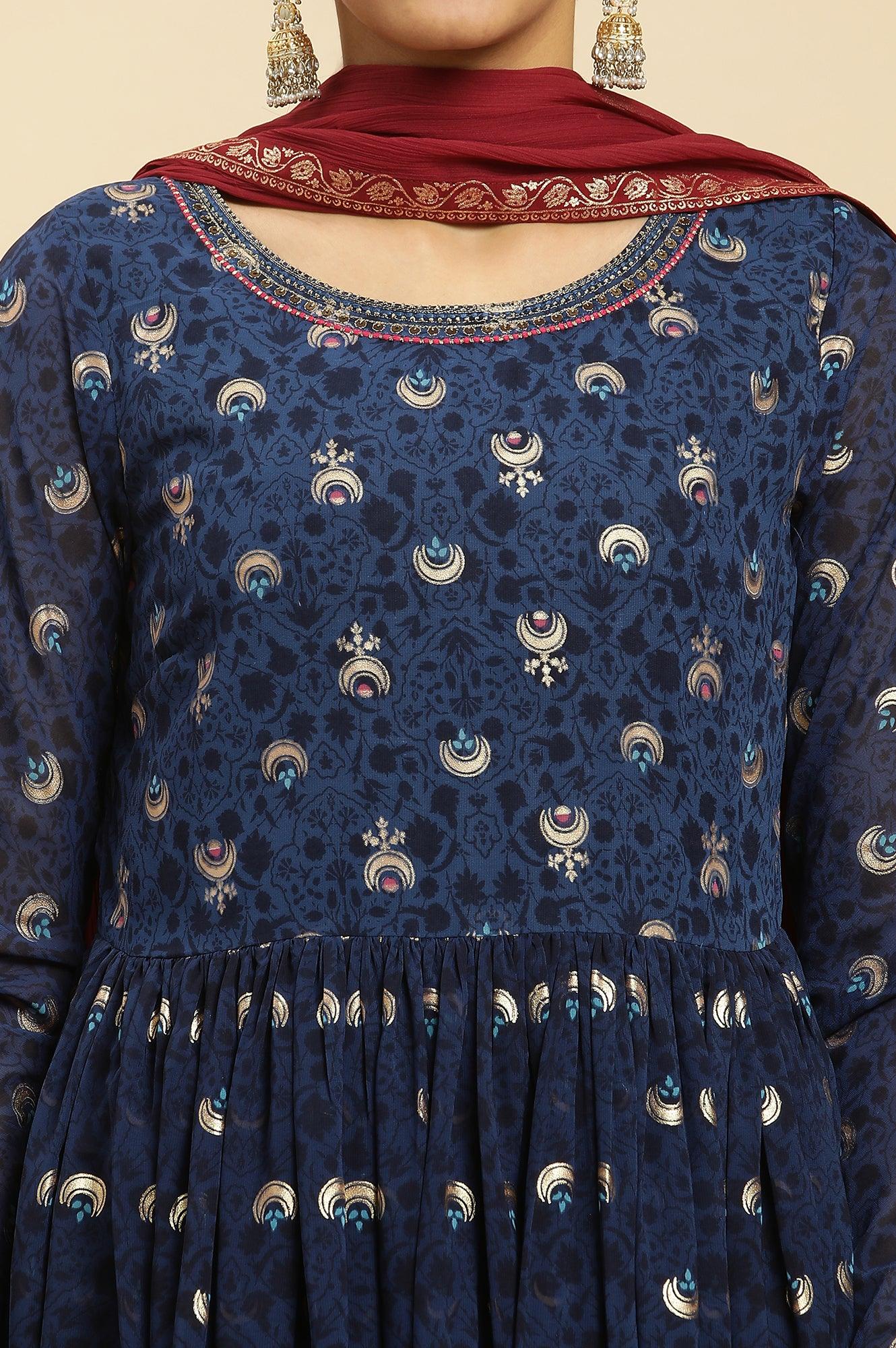 Blue Gathered Embroidered Kurta, Tights And Dupatta Festive Set - wforwoman