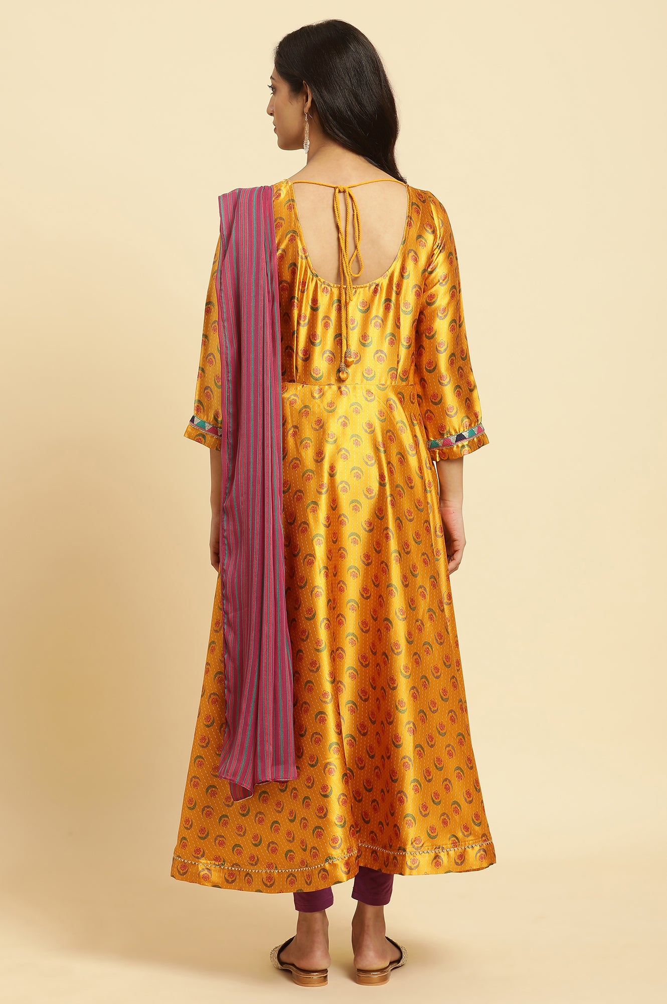 Mustard Yellow Flared Kurta, Tights And Dupatta Set - wforwoman