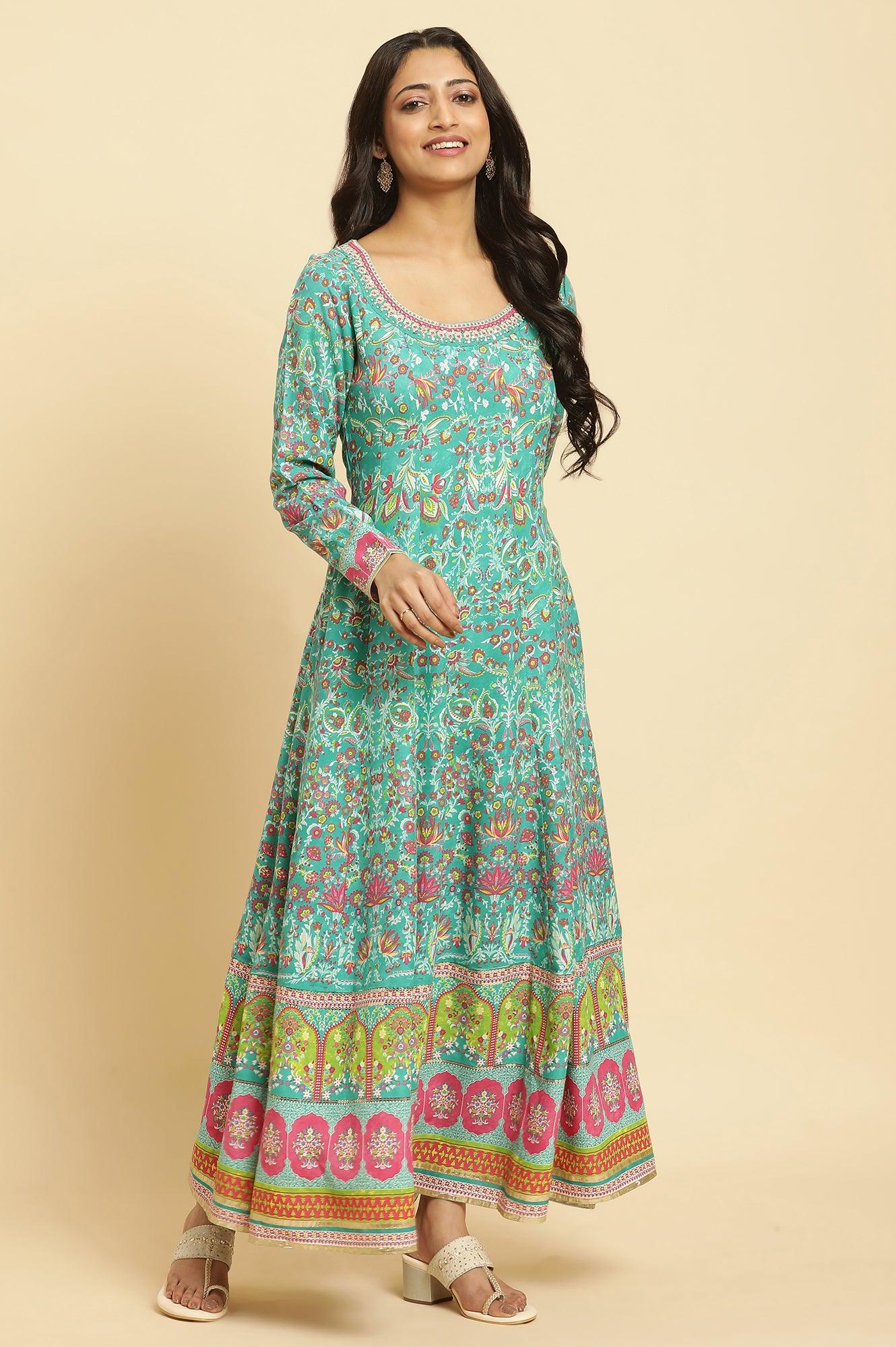 Teal Green Anarkali Printed Kurta, Tights And Dupatta Set - wforwoman