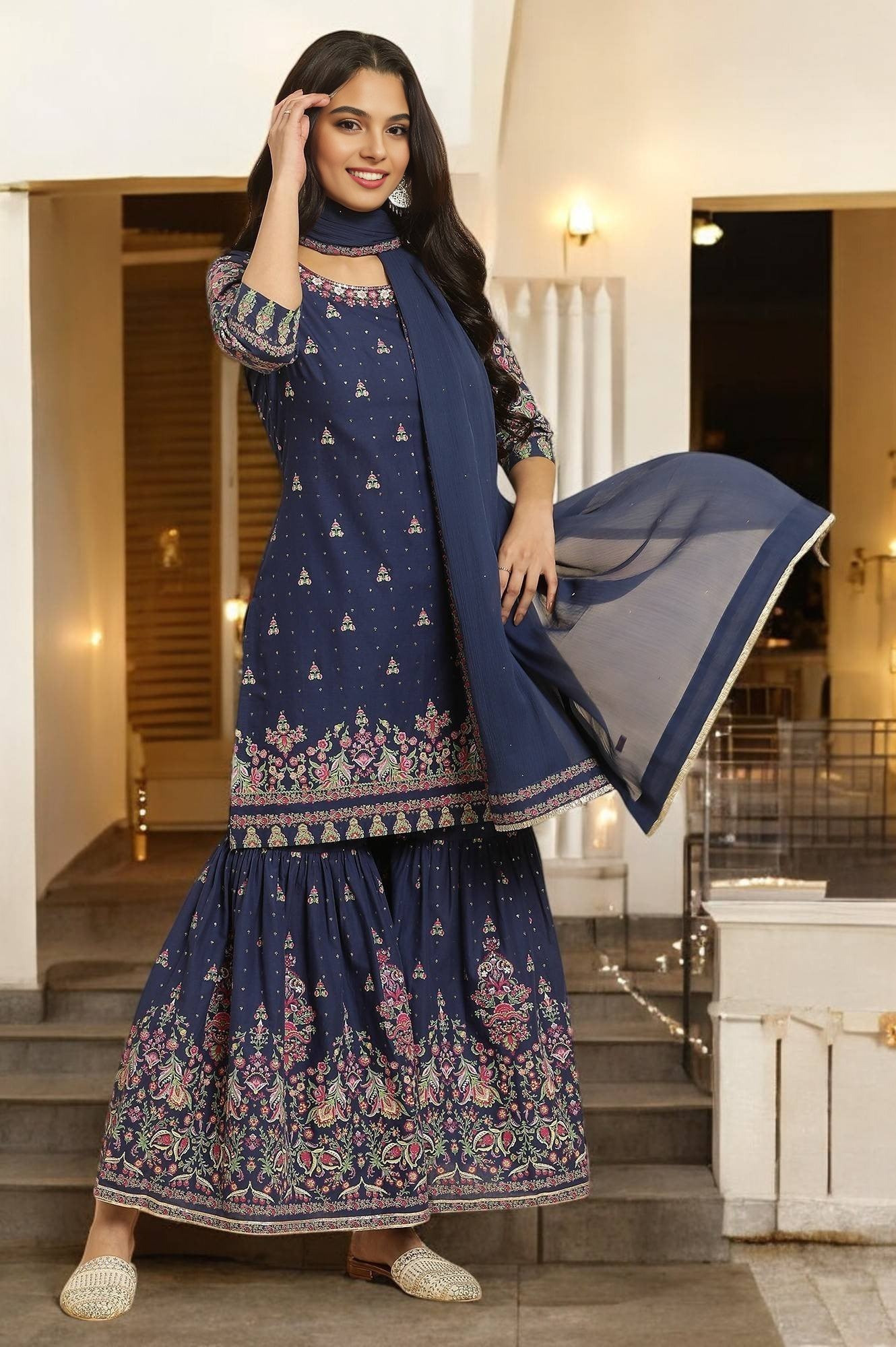 Blue Floral Printed Kurta, Sharara And Dupatta Set