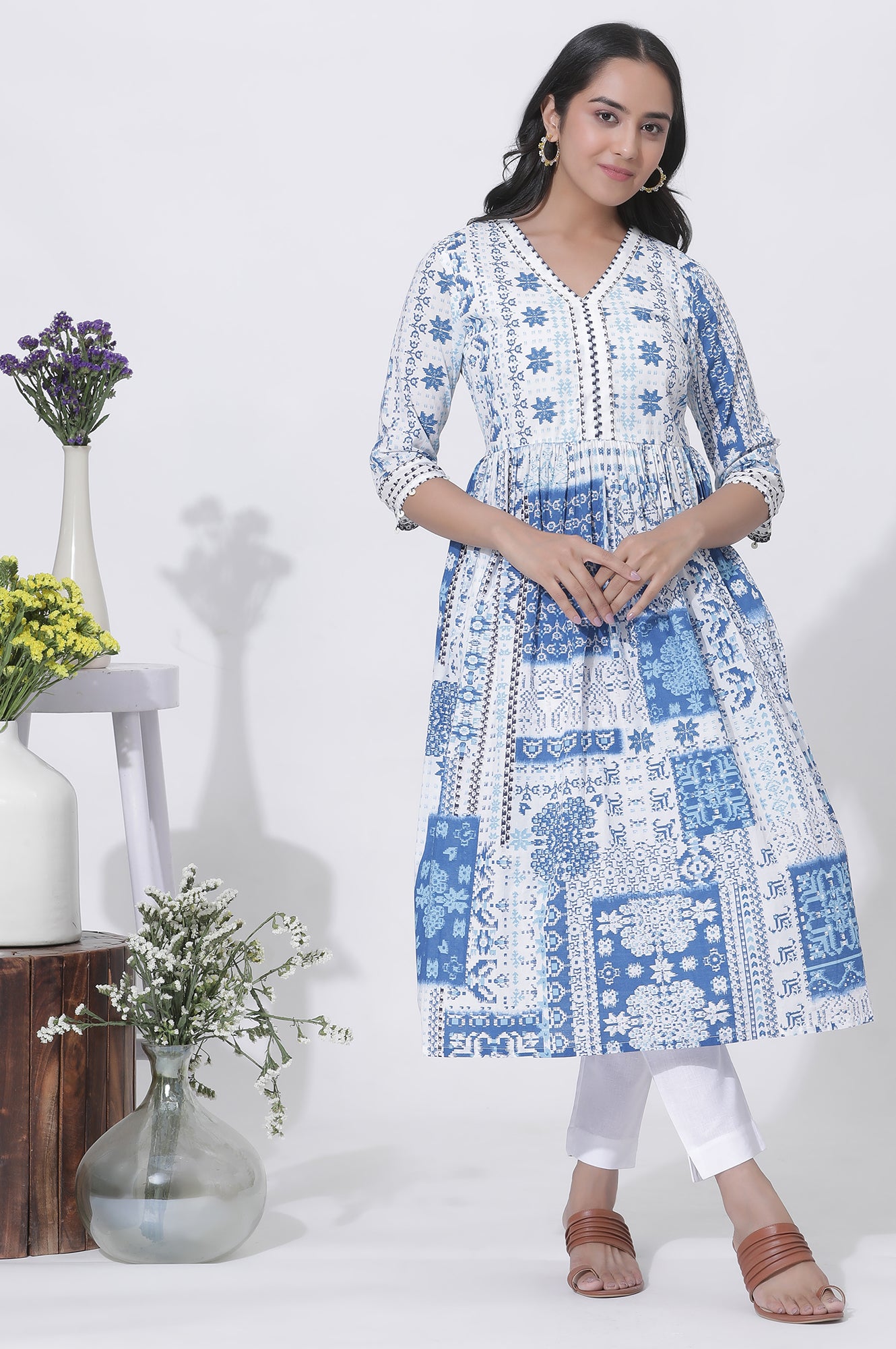White And Blue Cotton Printed Flared Kurta And Pants Set