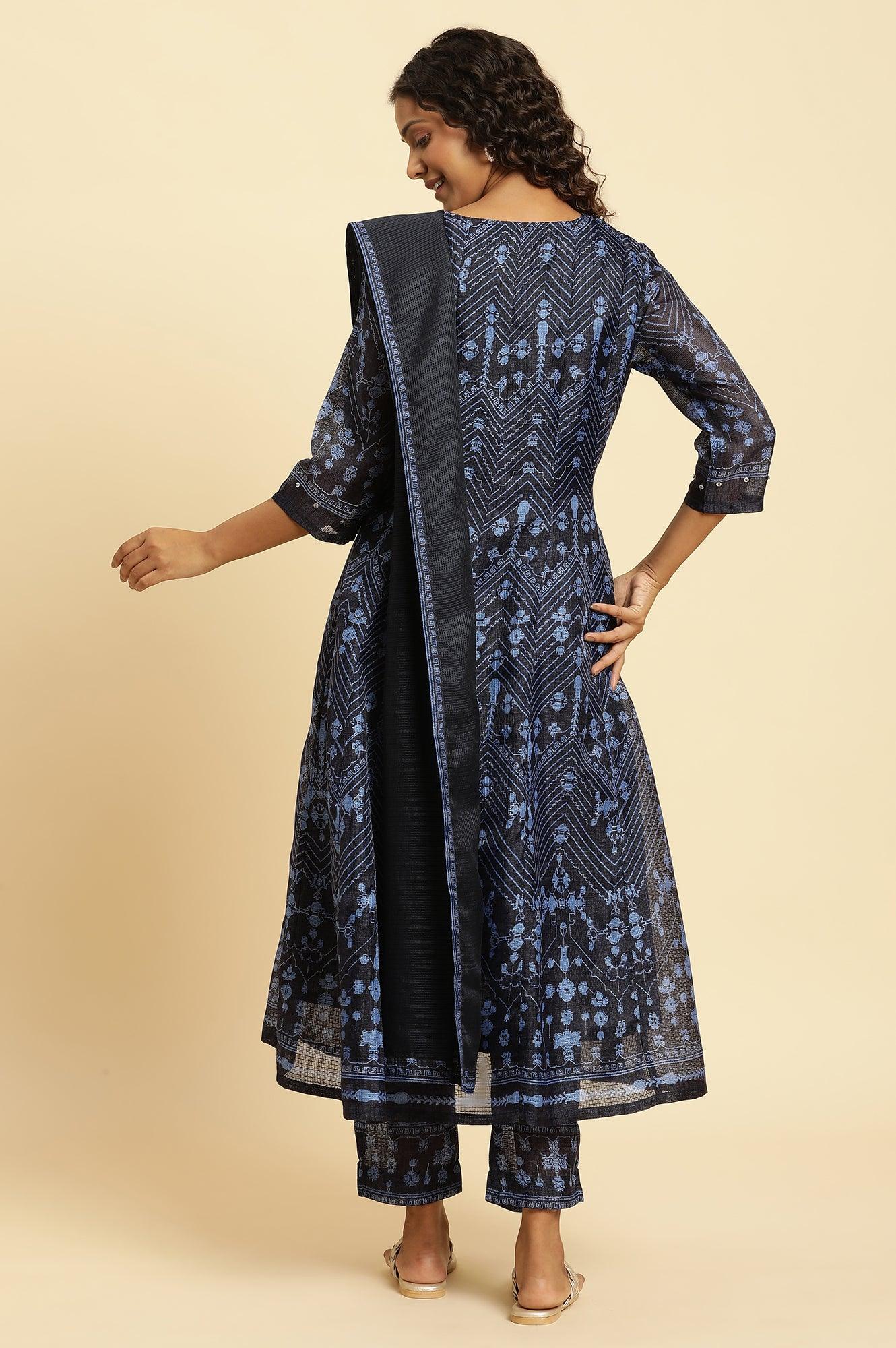 Navy Blue Printed Kota Kurta, Pants And Dupatta Set - wforwoman