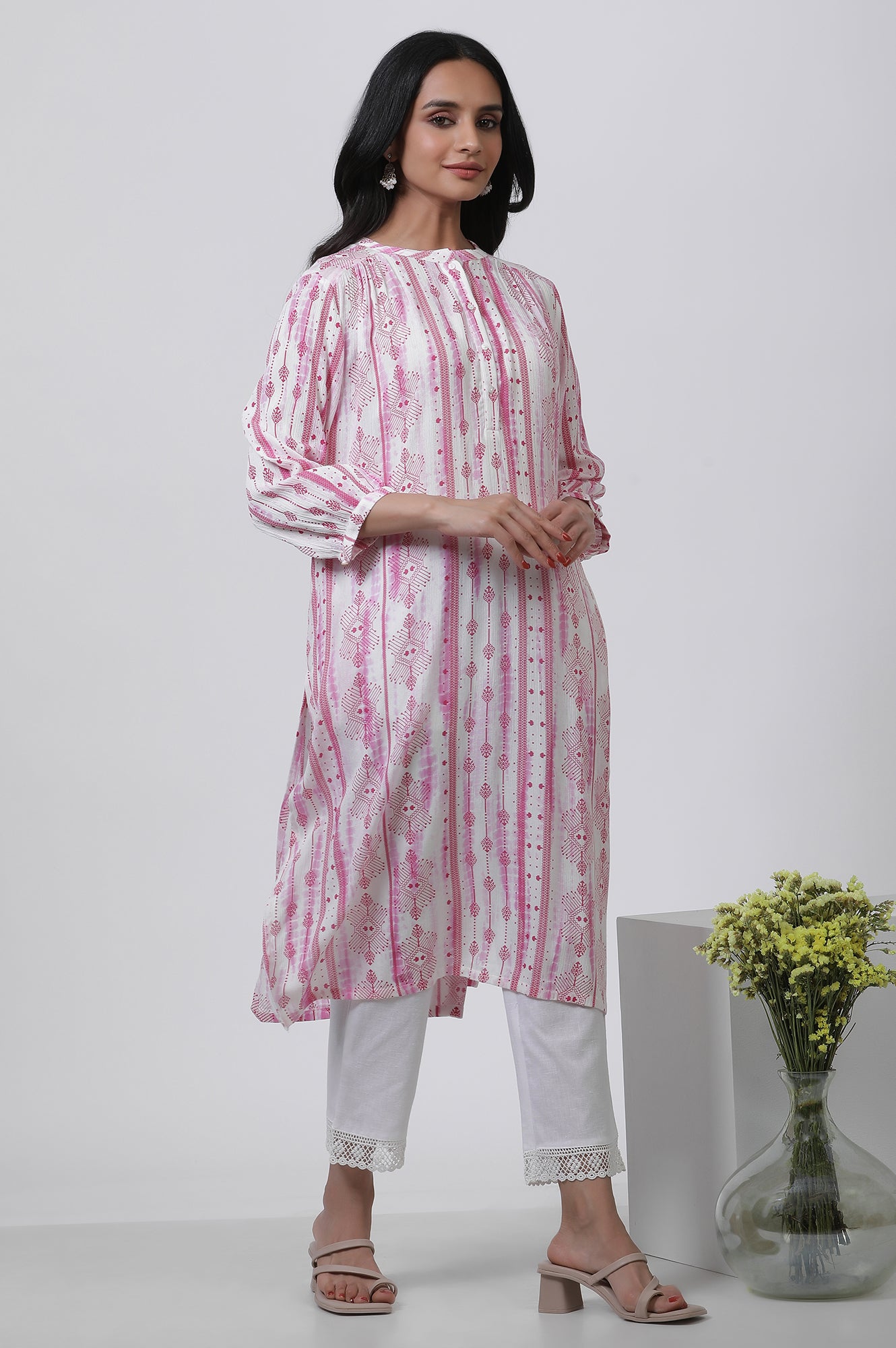 White & Pink Abstract Printed Kurta And Pants Set