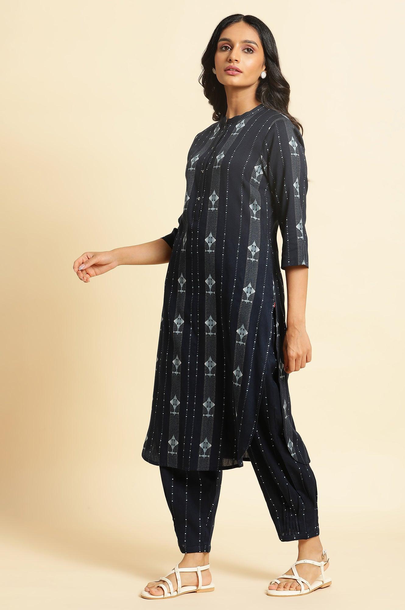 Navy Blue Printed Cotton Kurta & Pleated Pants Set - wforwoman