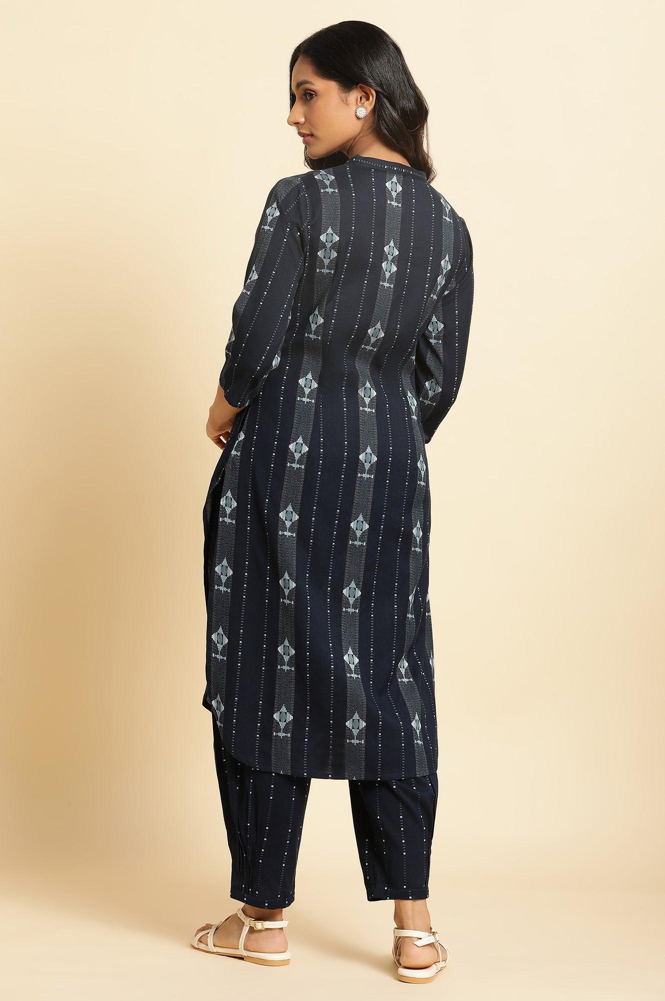 Navy Blue Printed Cotton Kurta & Pleated Pants Set - wforwoman