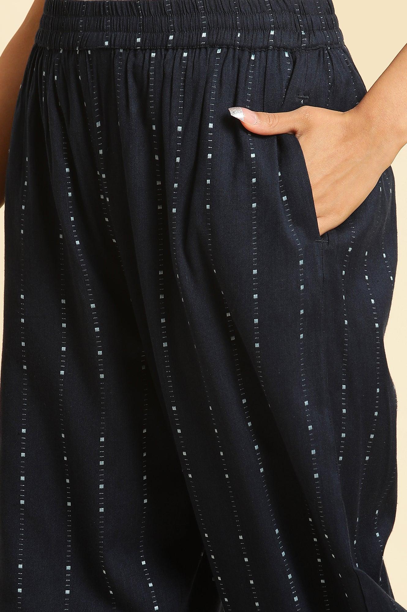 Navy Blue Printed Cotton Kurta & Pleated Pants Set - wforwoman