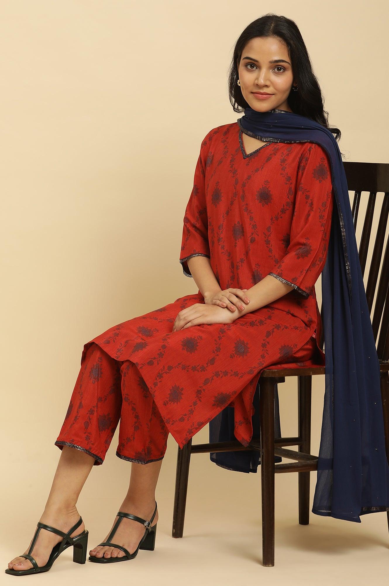 Red Sequined Printed Kurta, Pants And Dupatta Set - wforwoman