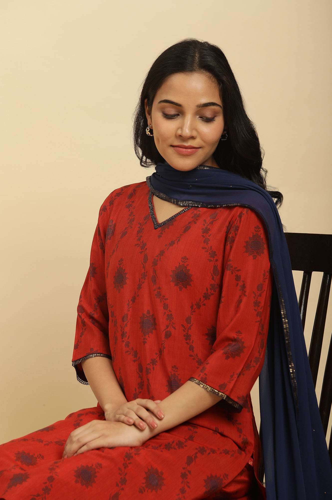 Red Sequined Printed Kurta, Pants And Dupatta Set - wforwoman