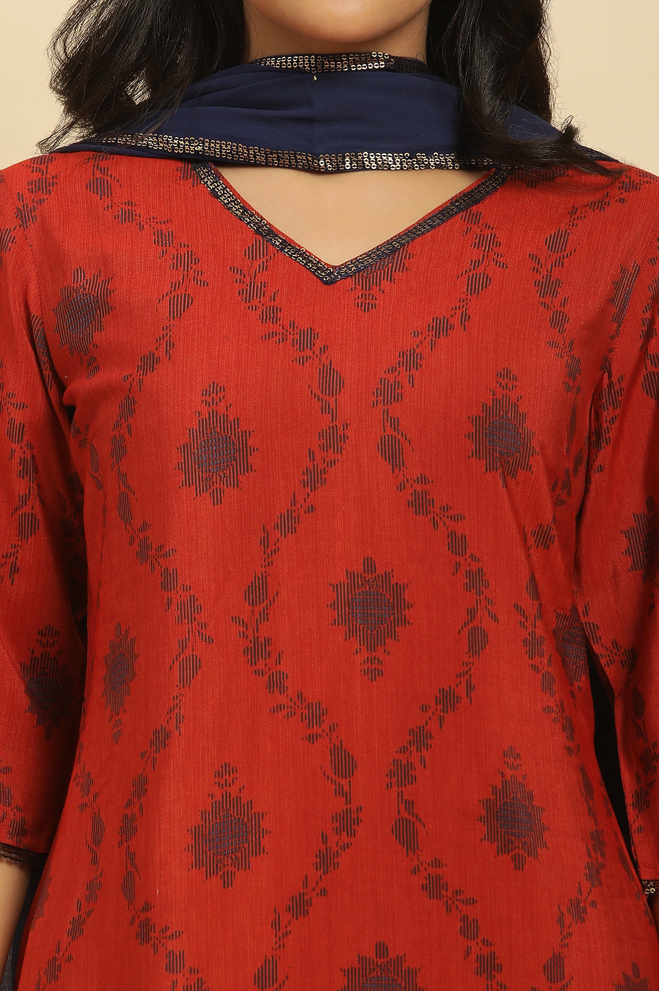 Red Sequined Printed Kurta, Pants And Dupatta Set - wforwoman