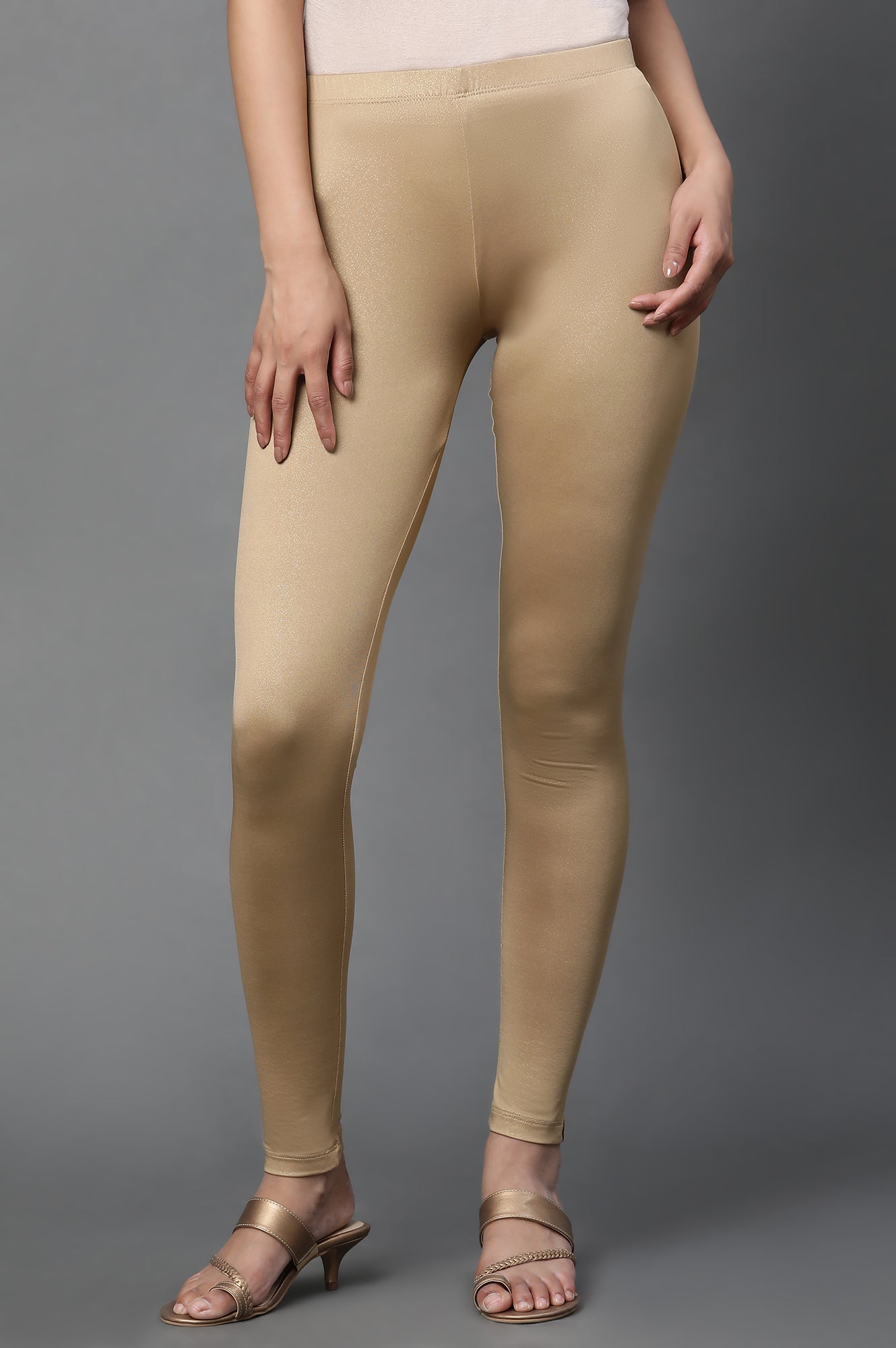 Gold Solid Skinny Fit Cotton Tights With Foil Print