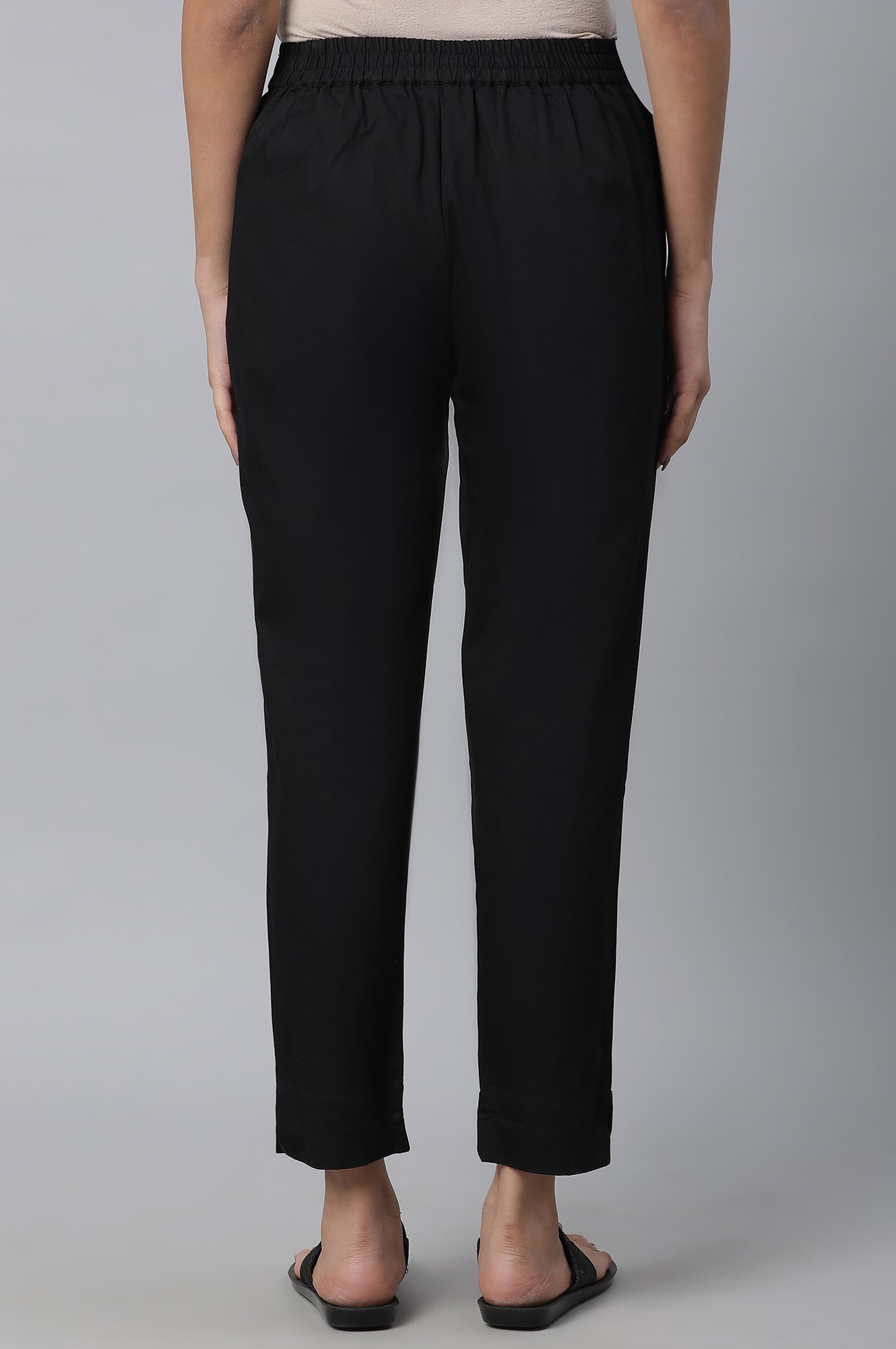 Black Solid Straight Fit Cotton Pants With Elasticated Waist