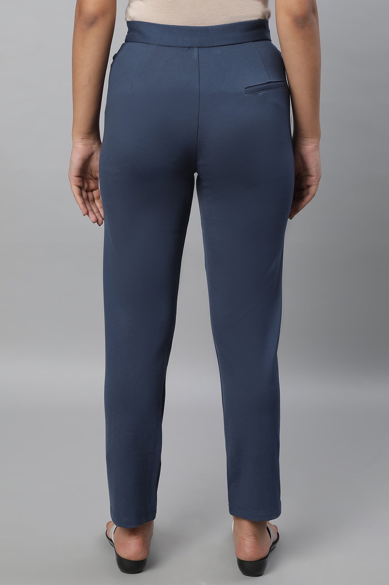 Blue Solid Straight-fit Knit Trousers with Pintuck Detail
