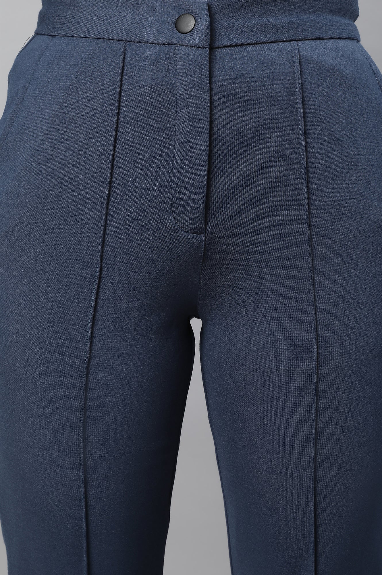 Blue Solid Straight-fit Knit Trousers with Pintuck Detail