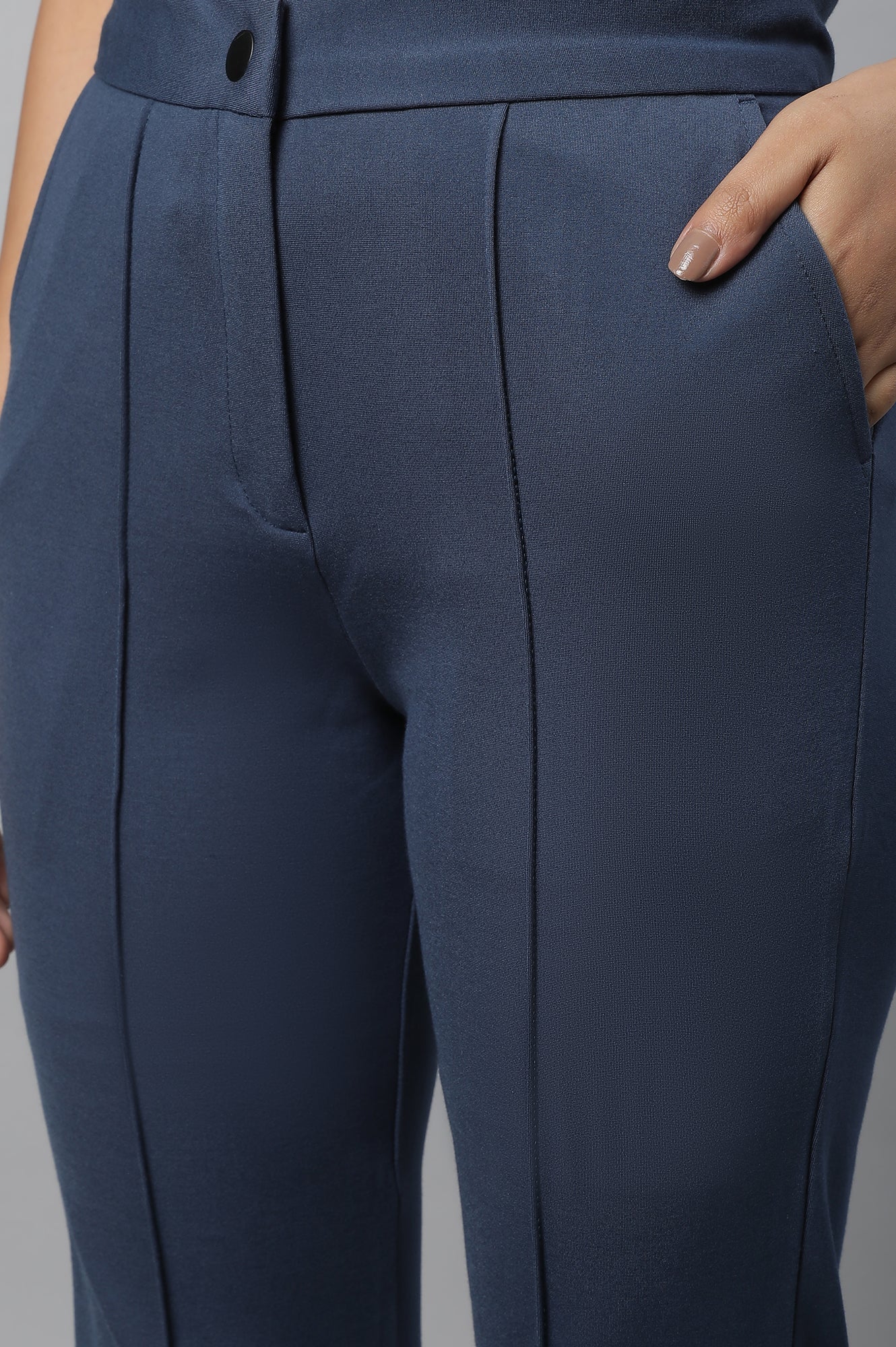 Blue Solid Straight-fit Knit Trousers with Pintuck Detail