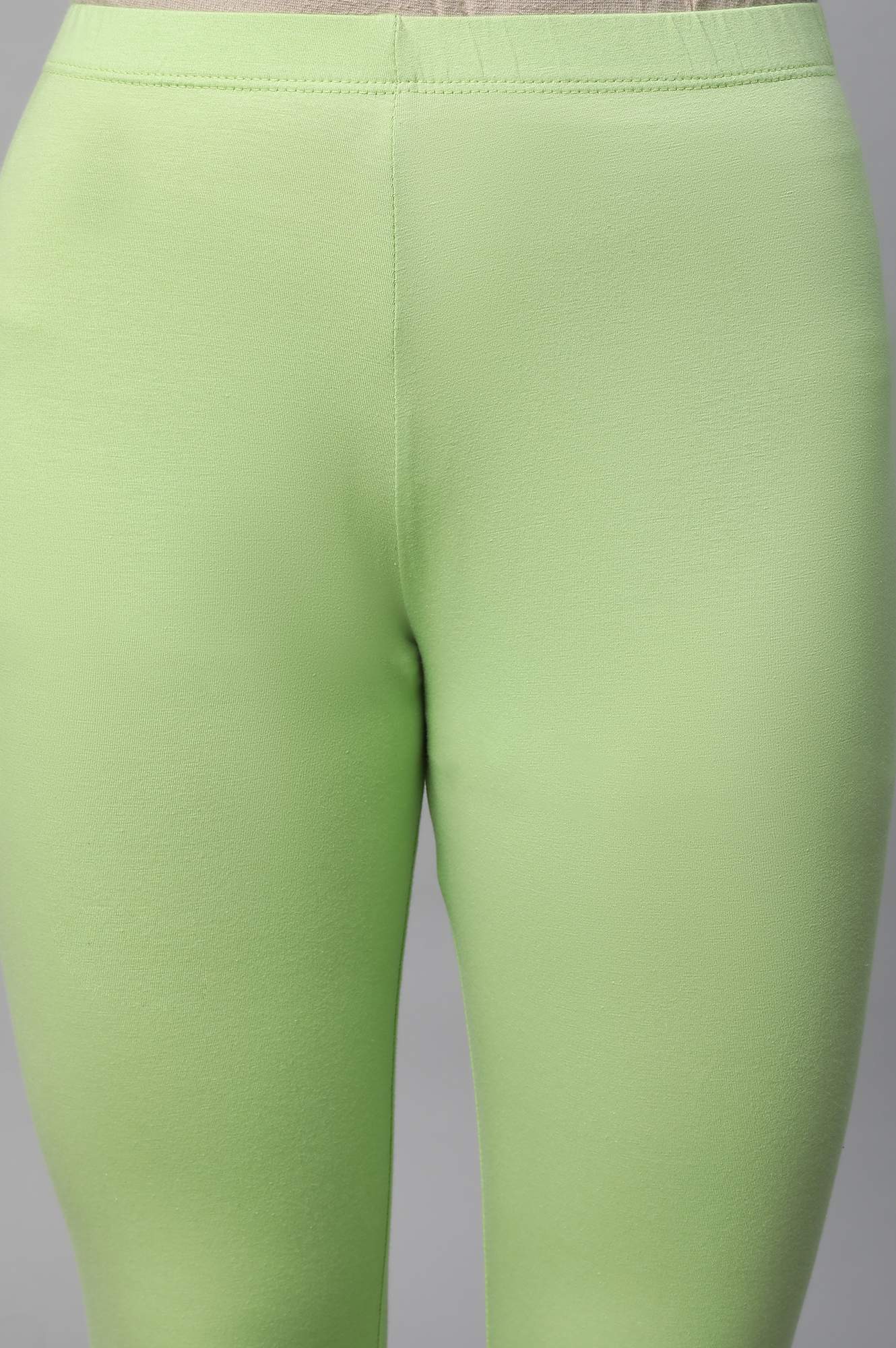 Light Green Solid Skinny Fit Cotton Tights With Elasticated Waist