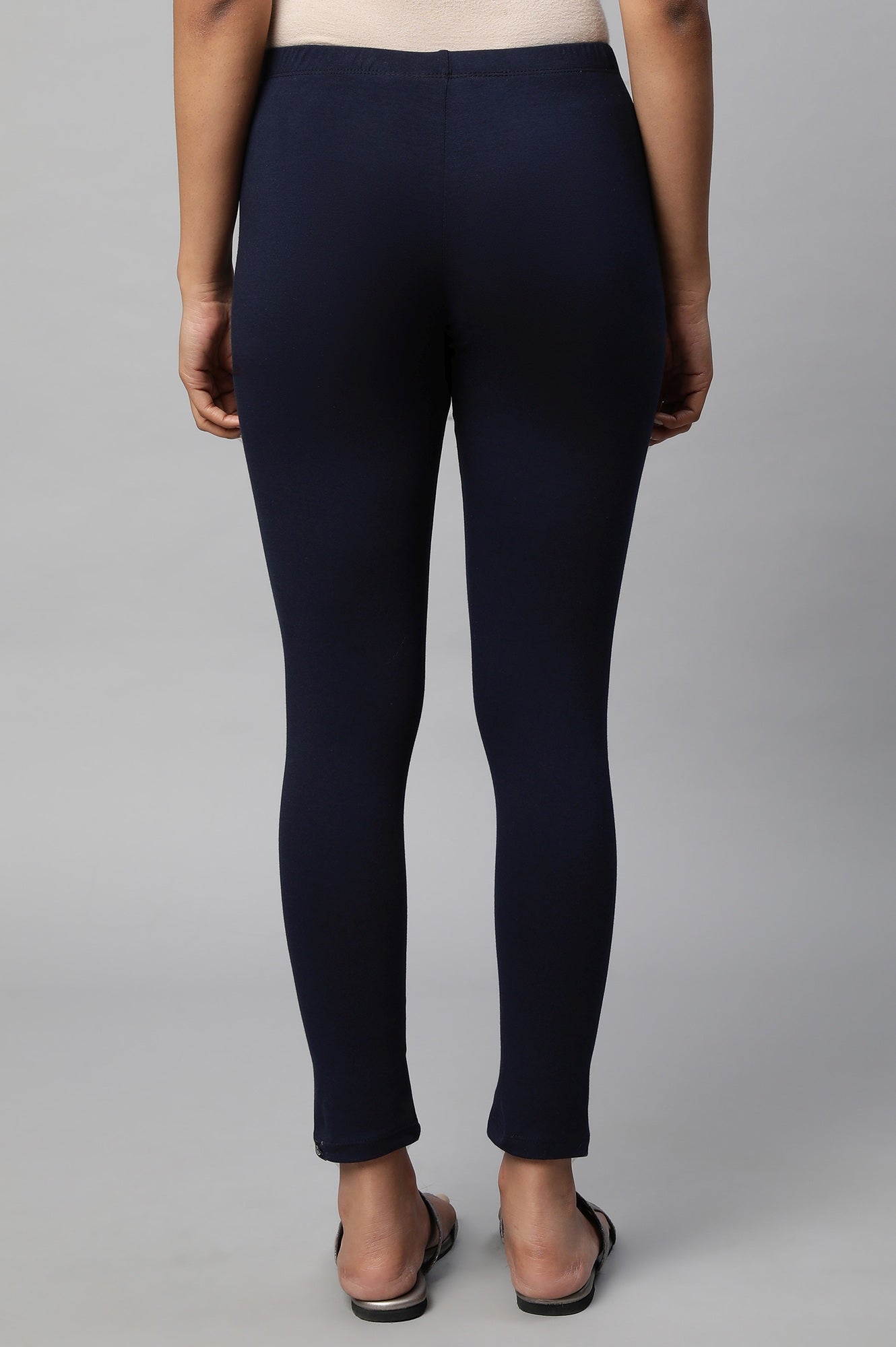Navy Blue Solid Skinny Fit Cotton Tights With Slip On Closure