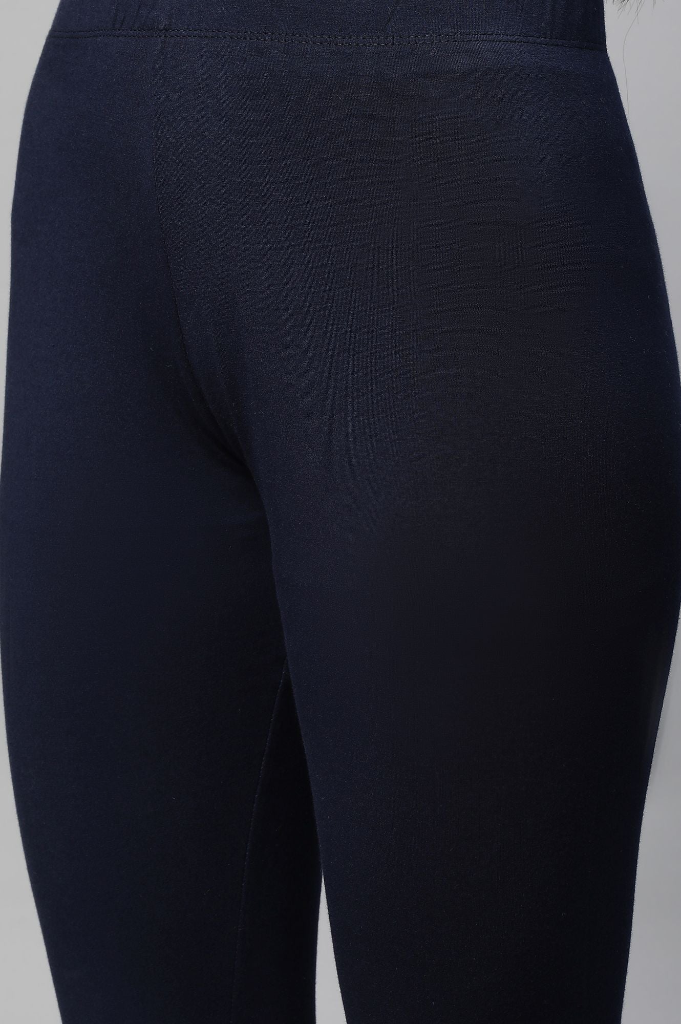 Navy Blue Solid Skinny Fit Cotton Tights With Slip On Closure