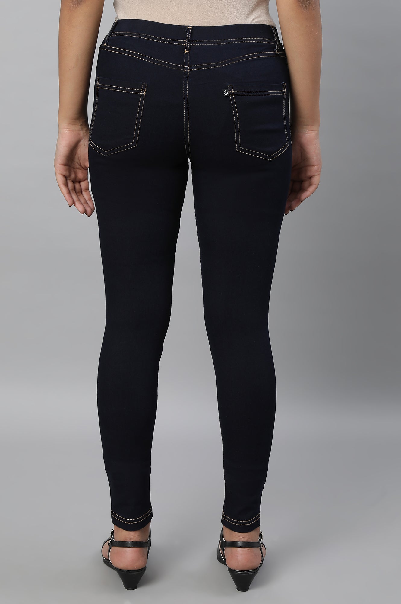 Navy Blue Solid Skinny Fit Denim Jeggings With Slip On Closure