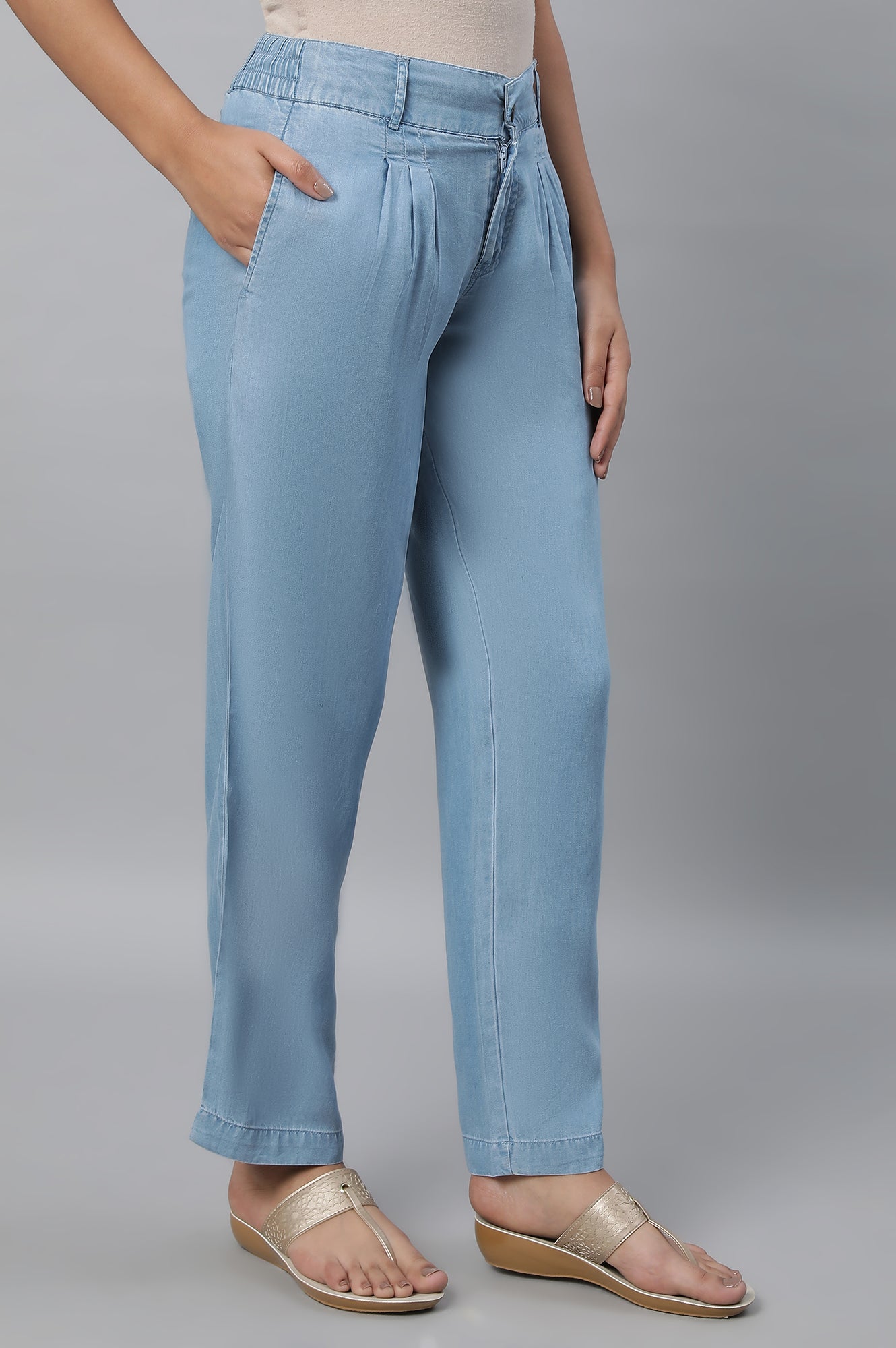 Light Blue Solid Straight Fit Denim Palazzo With Pleated Detail