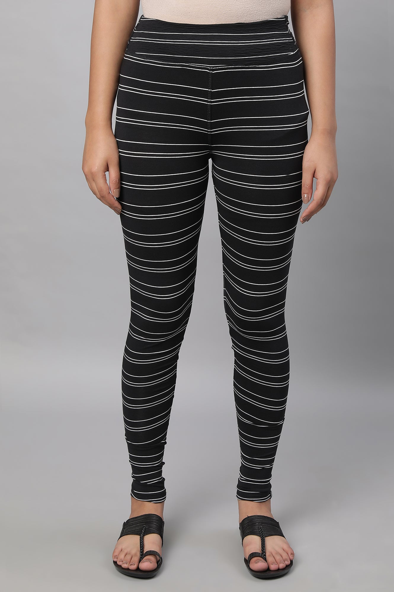 Black Striped Skinny Fit Cotton Tights With High Waistband