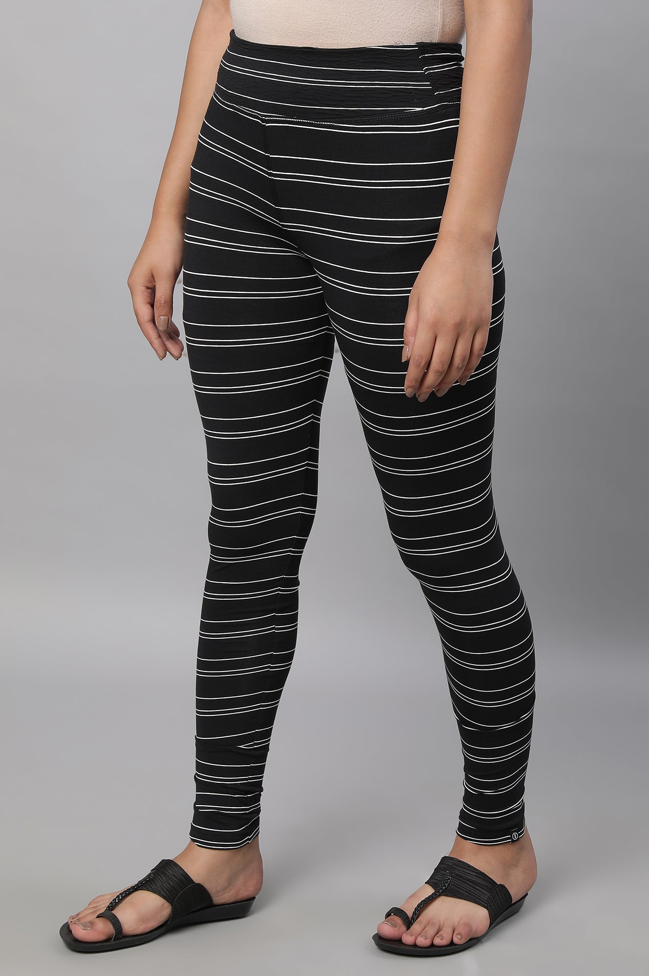 Black Striped Skinny Fit Cotton Tights With High Waistband