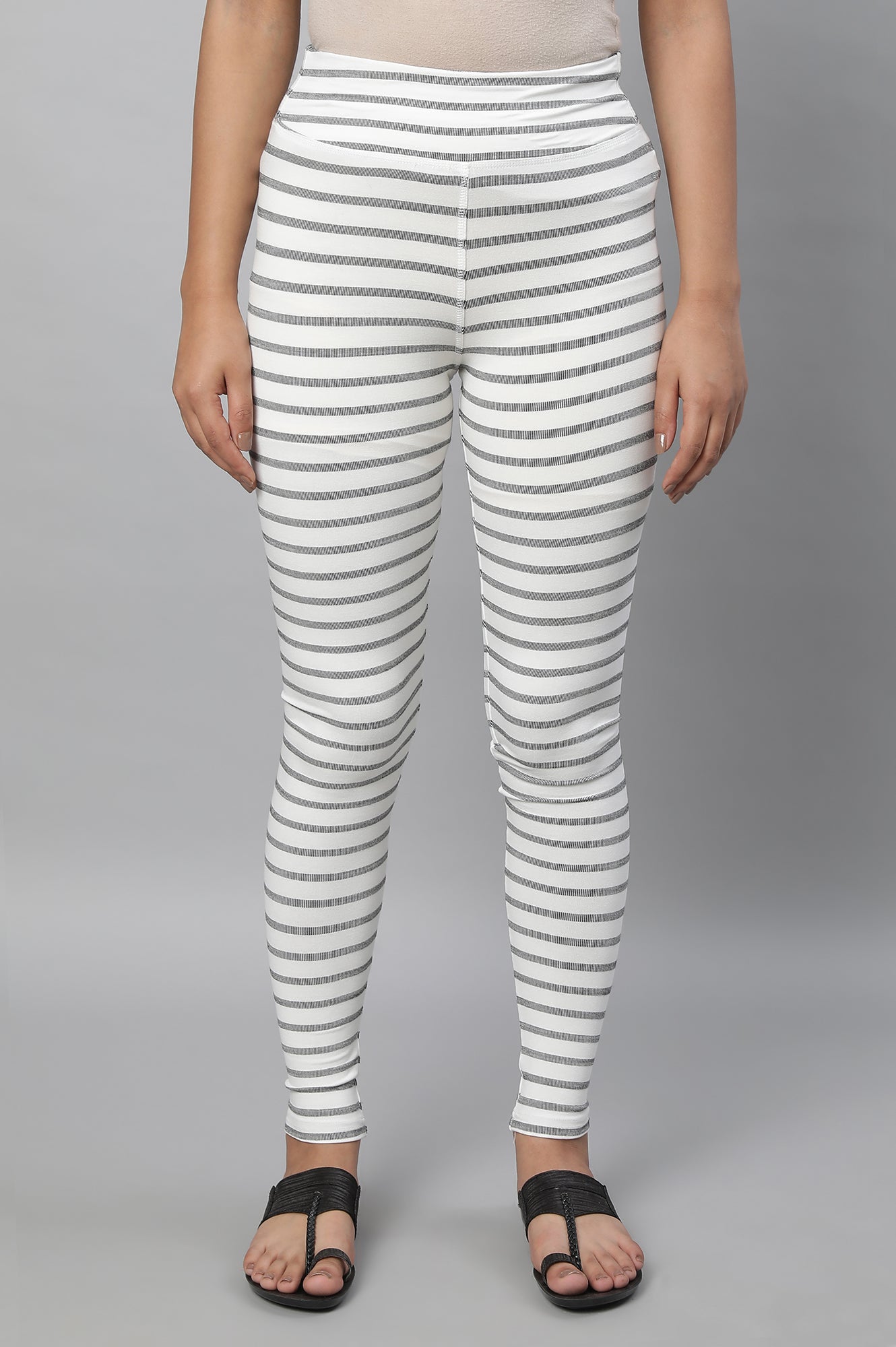 White Striped Skinny Fit Cotton Tights With High Waistband