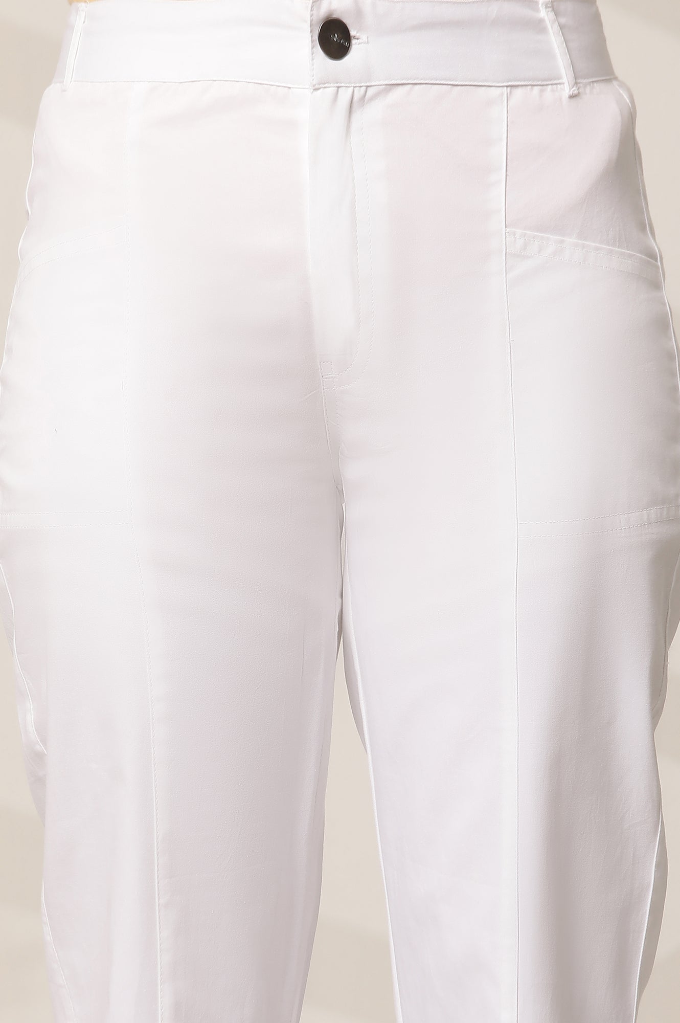White Solid Straight Fit Cotton Pants With Front Pockets