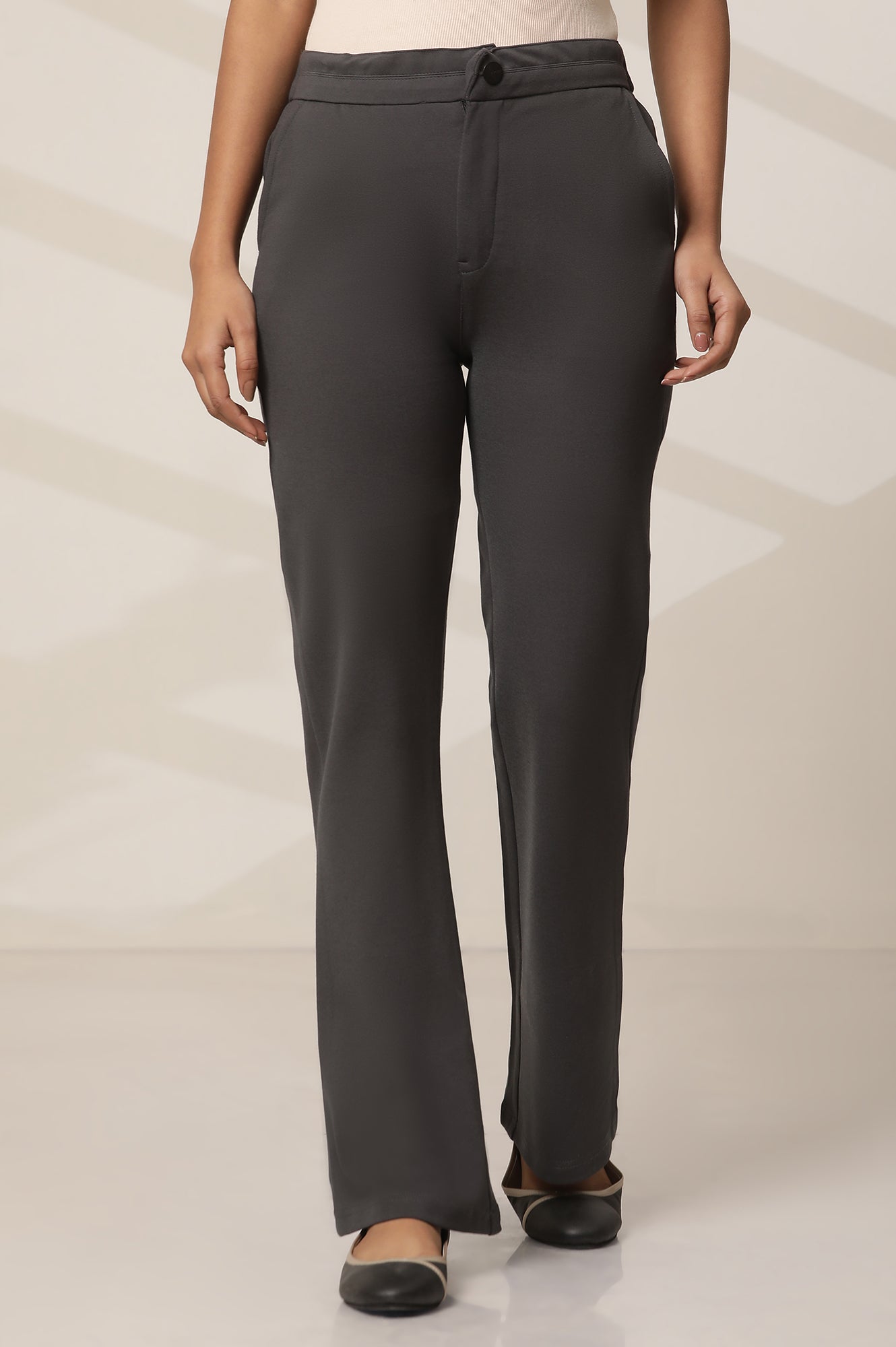 Grey Solid Straight Fit Pants With Button Closure