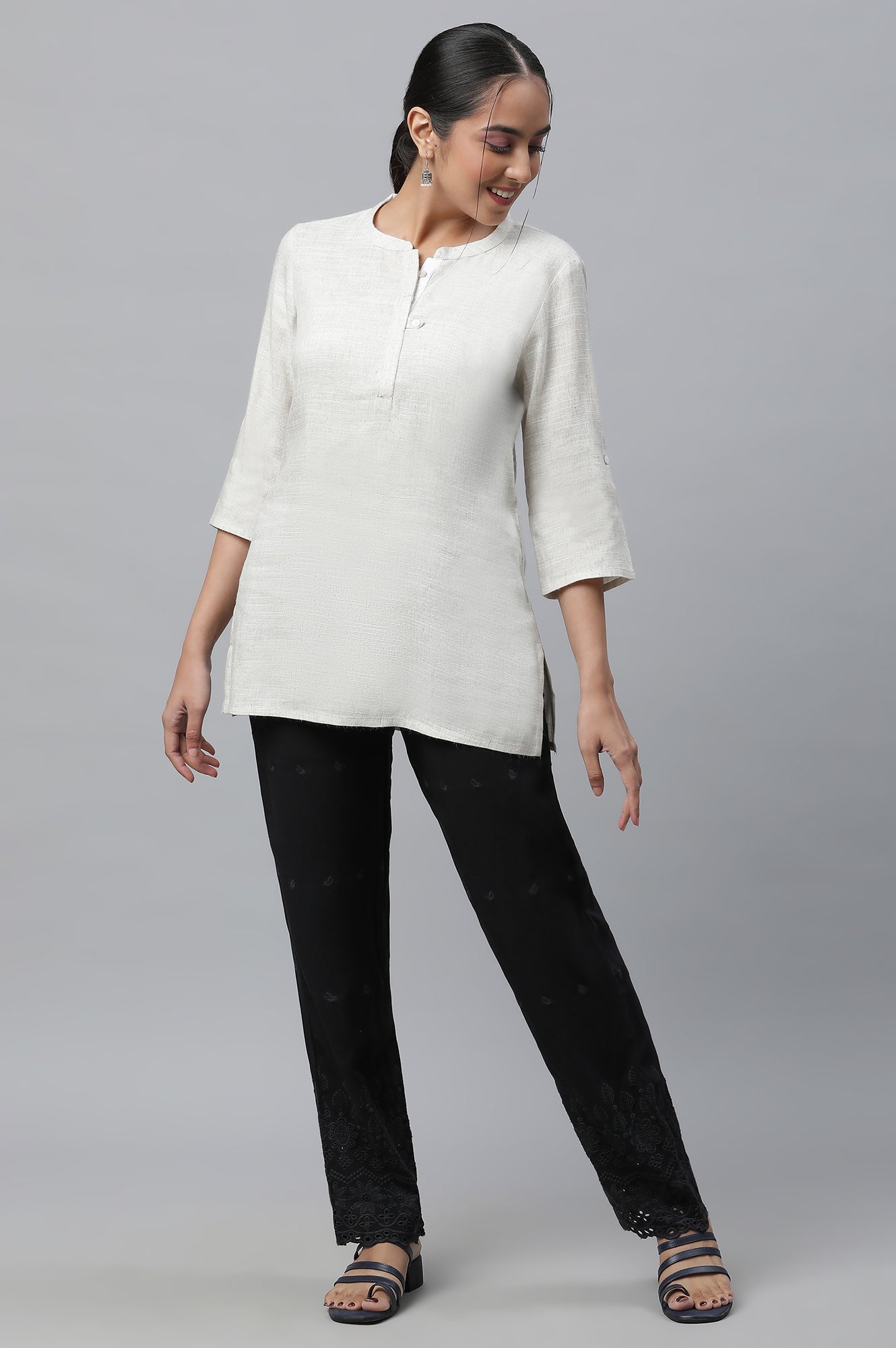 Black Schiffli Embroidered Straight Fit Woven Palazzo With Elasticated Waist